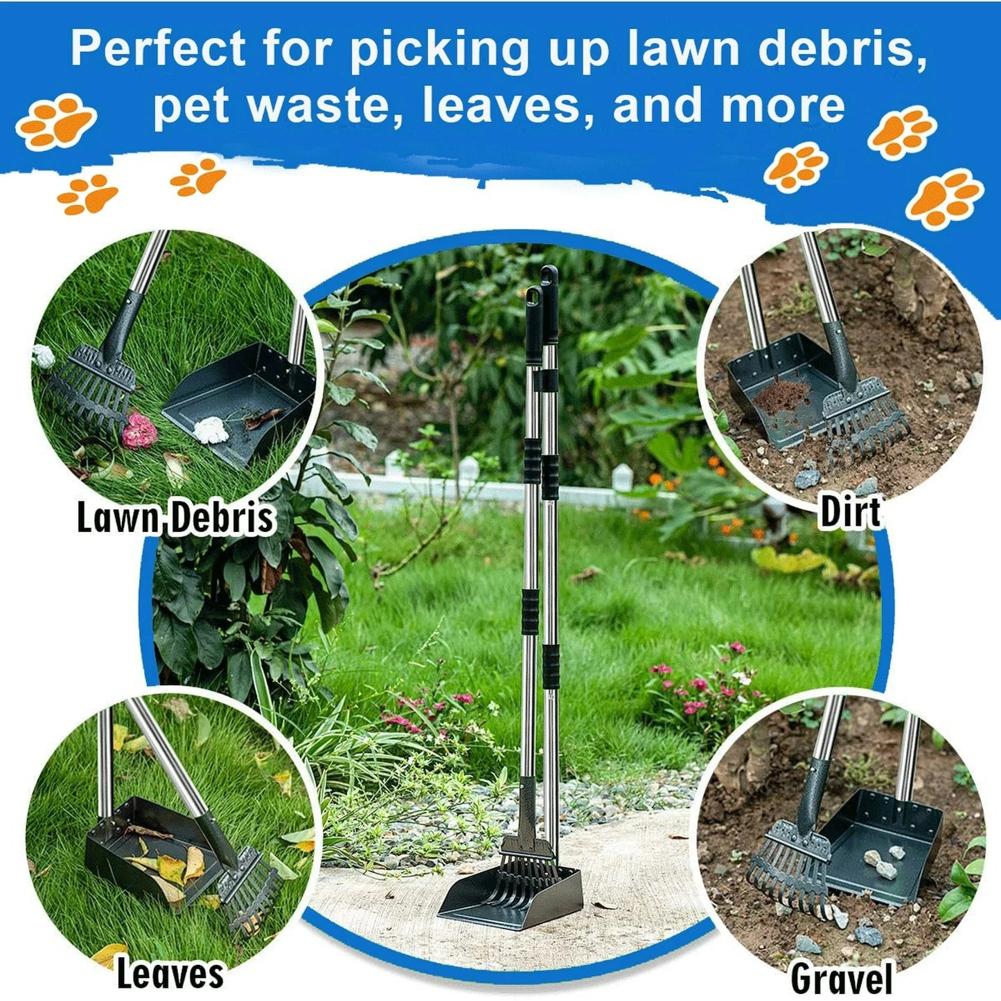 38-Inch Long Handle Poop Scooper - 2-Piece Metal Waste Collection Set with Rake and Tray for Effortless Yard Cleanup