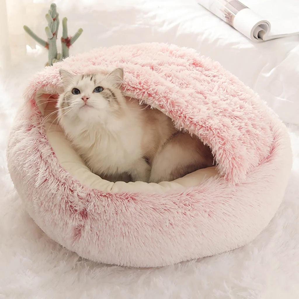 Round Plush Hooded Cat Bed Cave - Calming Indoor Pet Bed for Cats and Small Dogs, Waterproof and Washable (16" x 16")