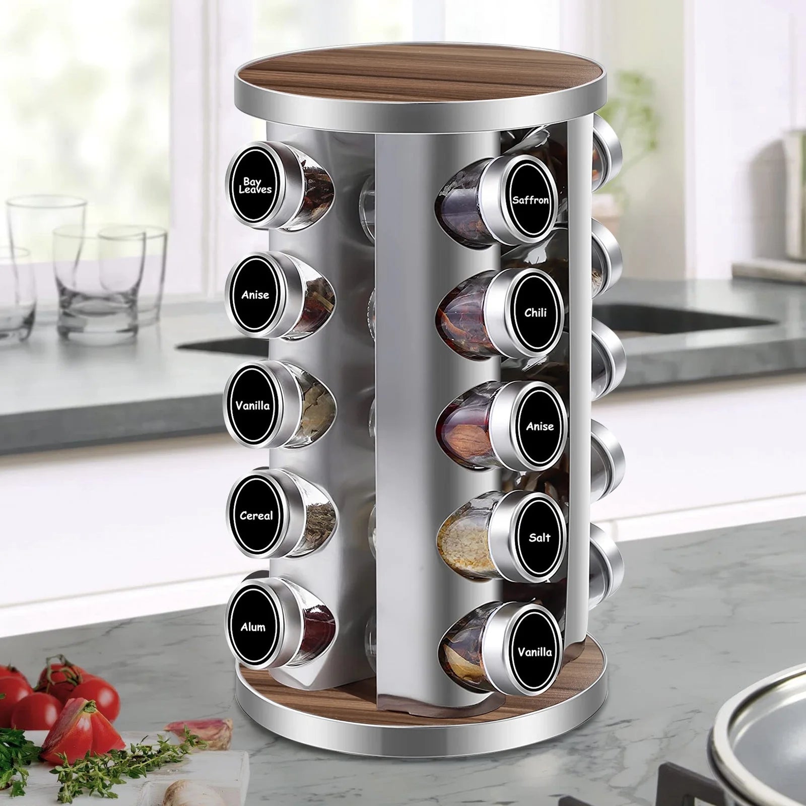 Rotating Spice Rack Organizer with Jars(20Pcs), Seasoning Organizer for Cabinet, Seasoning Rack for Countertop Kitchen, Revolving Stainless Steel Spice Organizer