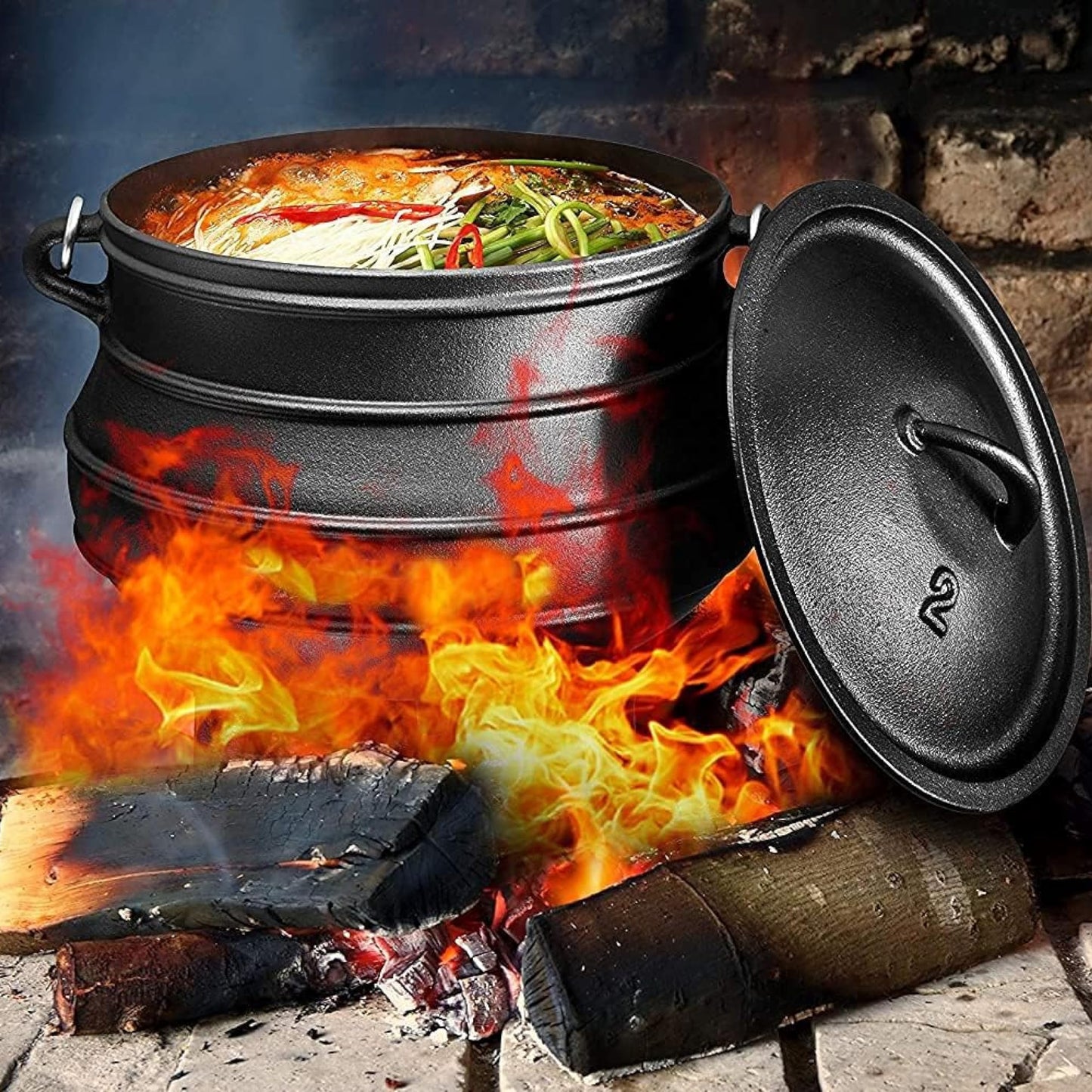 8-Quart Pre-Seasoned Cast Iron Cauldron - African Potjie Pot with Lid - 3-Legged Pot for Even Heat Distribution - Outdoor Cast Iron Dutch Oven Cookware for Campfire Cooking and Boiling