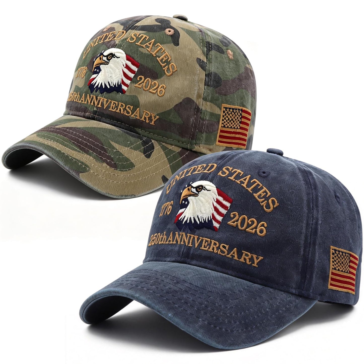 2 Pack USA 250th Anniversary Patriotic Embroidered Baseball Cap 1776-2026, American Eagles Hat-Adjustable Cap for Men&Women (US, Alpha, One Size, Navy Blue+Camouflage)