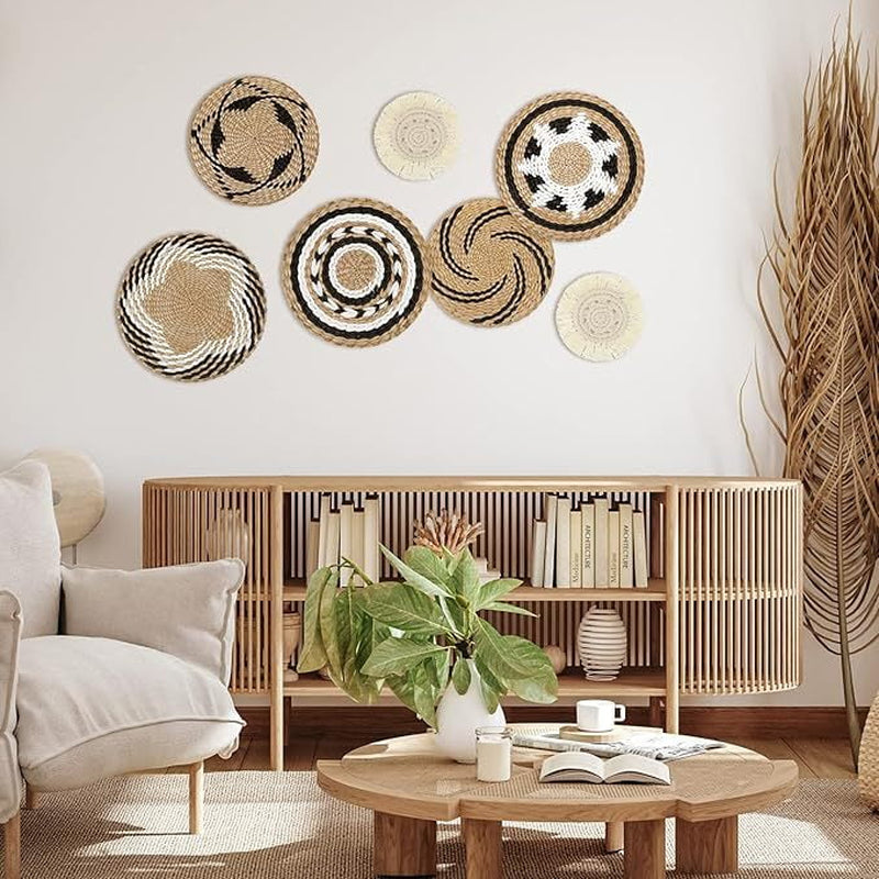 Boho Wall Basket Decor Woven Unique Seagrass Wicker Hanging Decorative Baskets - Rattan Wall Art Basket for Storage or Gift for Rustic Bohemian Farmhouse Home Living Room Bedroom Kitchen