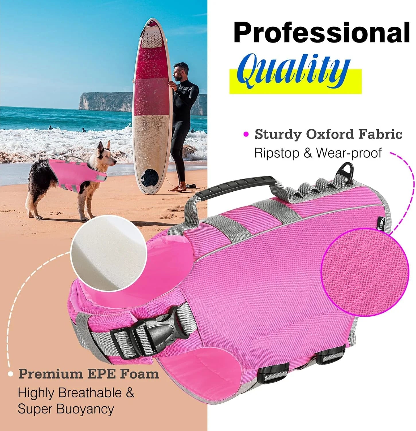 Adjustable Dog Life Jacket with Reflective Safety Vest, High Buoyancy Pet Life Preserver and Durable Rescue Handle, Ripstop Design for Swimming and Boating, Size L, Pink