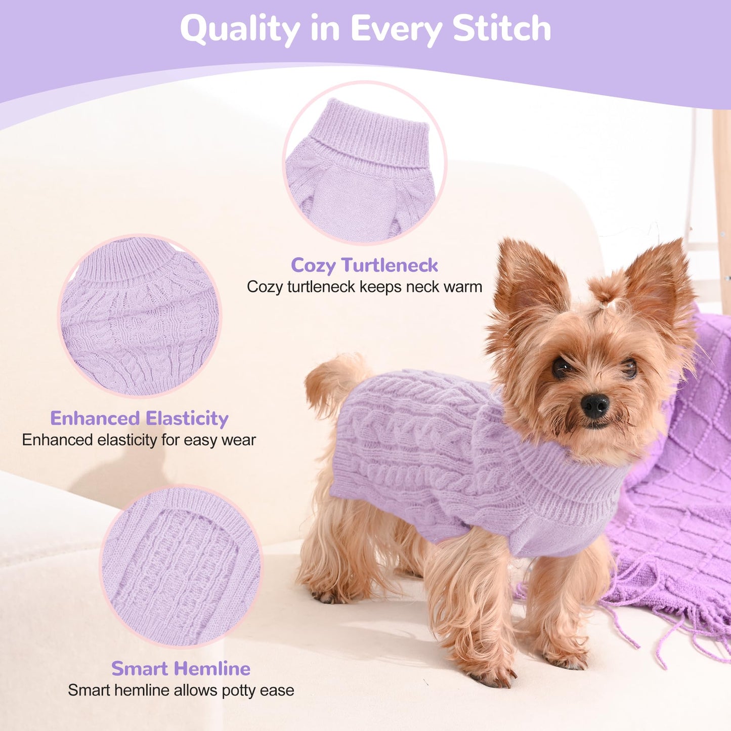 Lorehelina 2 Pack Dog Sweaters for Small Dogs Winter Turtleneck Pullover Cable Knit Fleece Stretch Puppy Doggie Chihuahua Toy Poodle Yorkie Pomeranian Boy Girl Pet Clothes (S, Pink & Purple)
