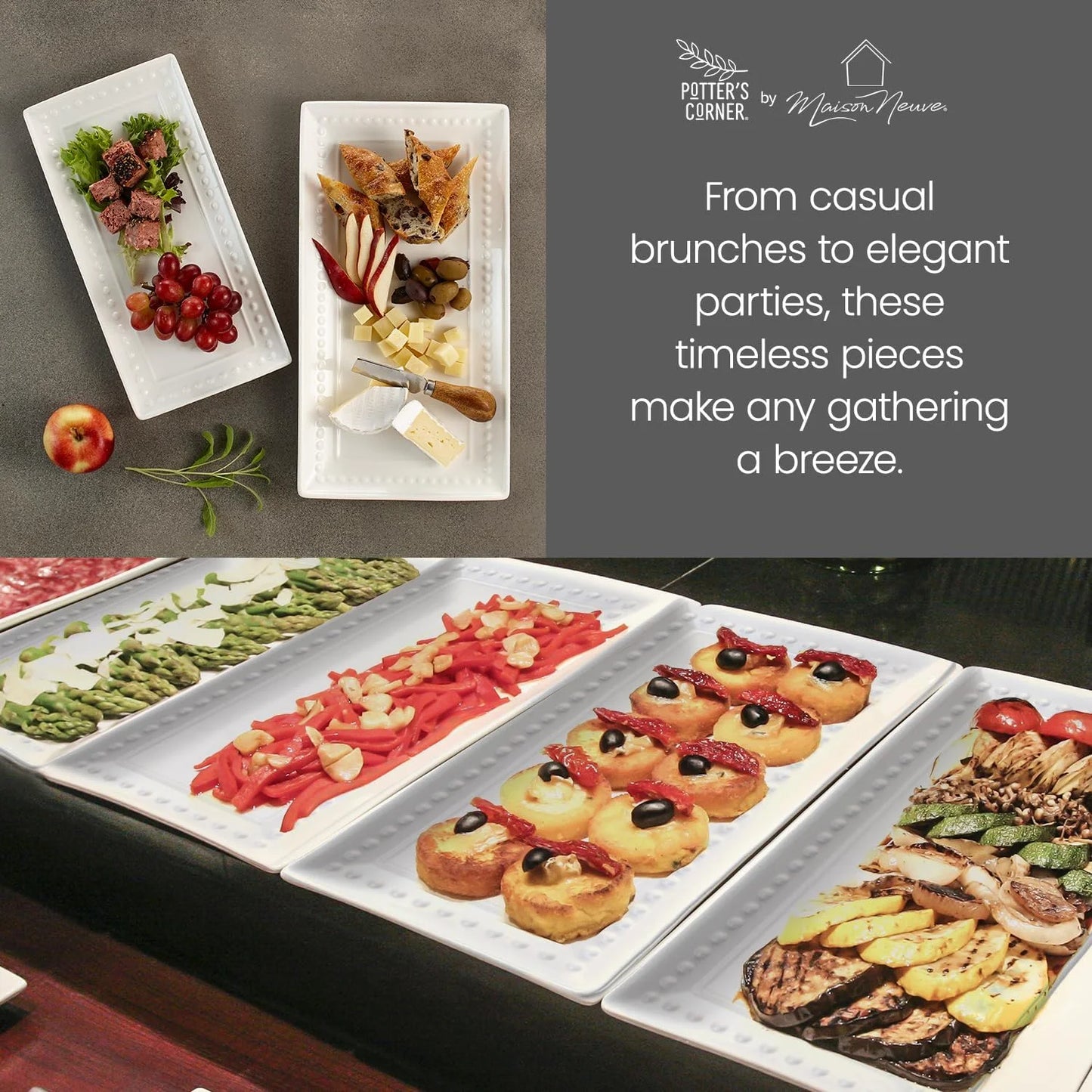 Large White Ceramic Rectangular Serving Platter Set, 2-Pack, 14" and 12"