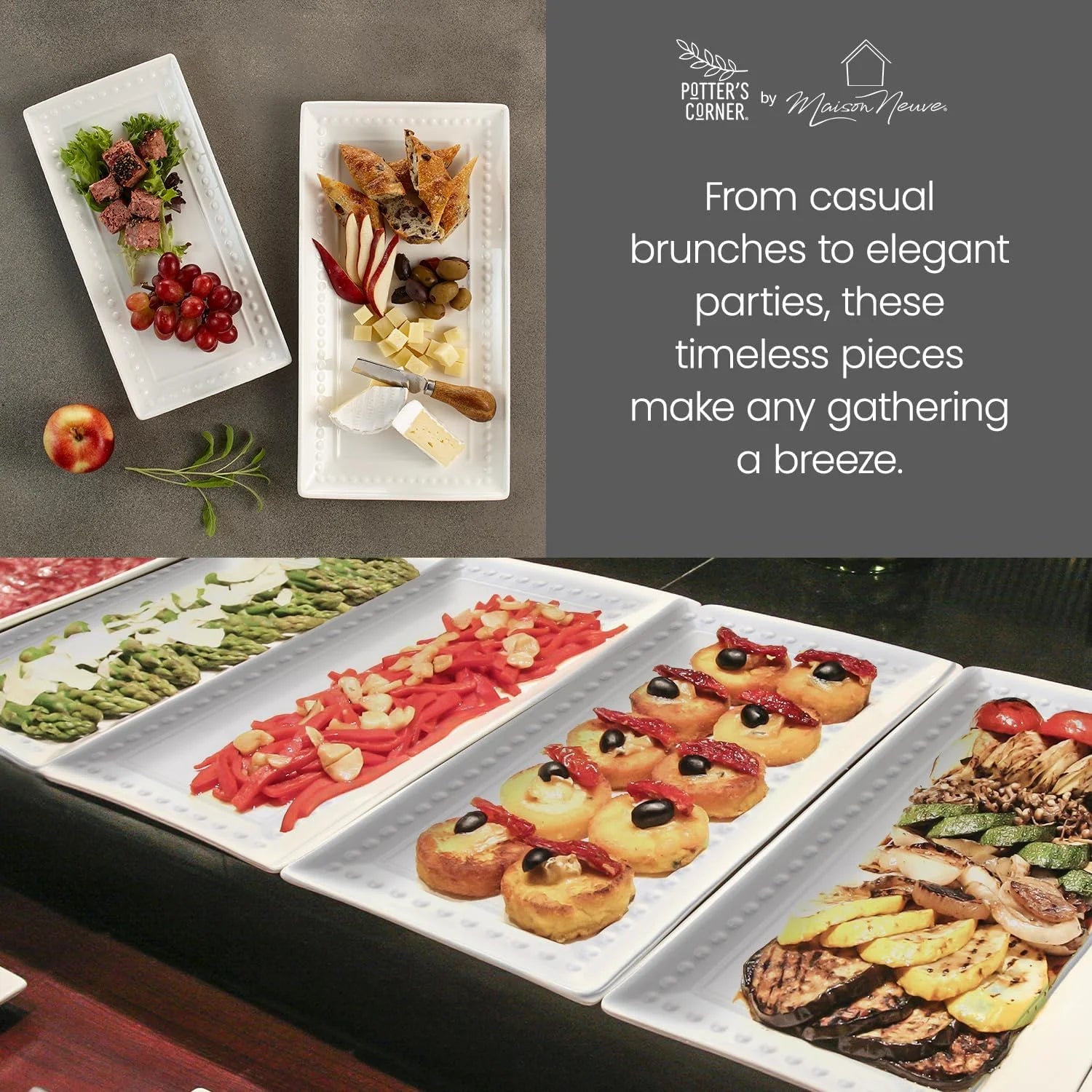 Large White Ceramic Rectangular Serving Platter Set, 2-Pack, 14" and 12"