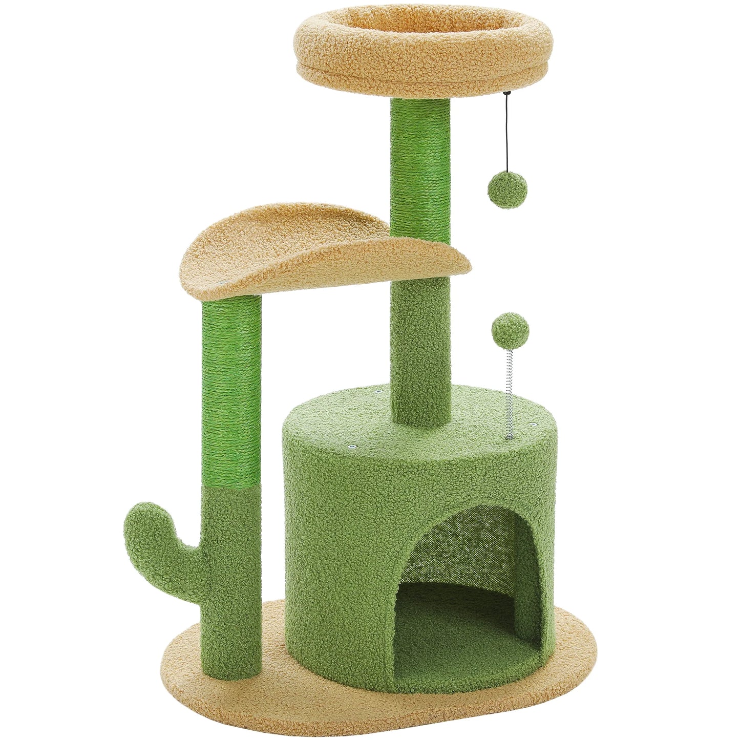32-Inch Cactus Cat Tree Tower with Scratching Posts and Cozy Condo Perch for Indoor Cats, Green