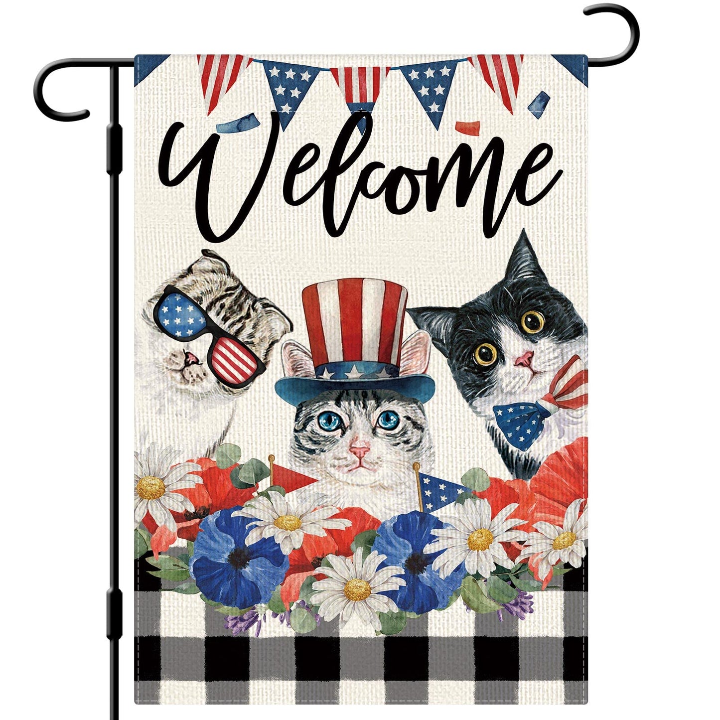 DLZDN 4th of July Patrioctic Cat Garden Flag 12x18 Inch Vertical Double Sided Welcome Floral Cat Memorial Day Independence Day Outside Yard Party Decoration