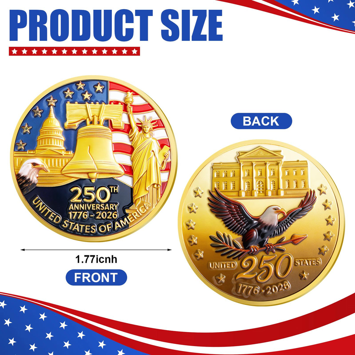 Highergo 250th Anniversary Commemorative Coins USA Eagle and Patriotic Symbols Collectible 250 Year Merchandise for Celebration Display Collectors Challenge Coin Gift(10 Pcs,Style 1)