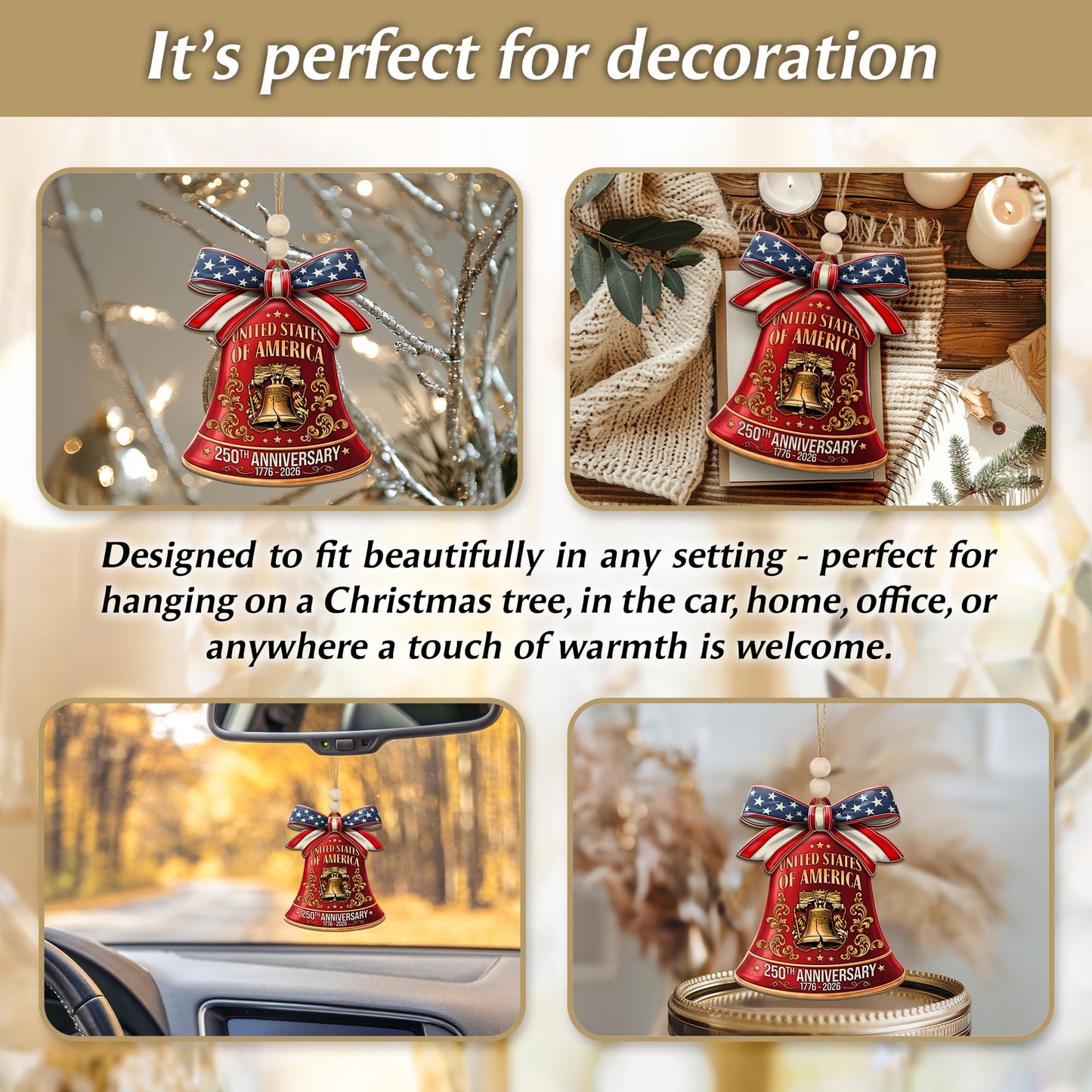 250th Anniversary United States of America Ornament (1776–2026) – Patriotic Wooden Christmas Decoration, Independence Day Keepsake, USA Liberty Bell Hanging Ornament