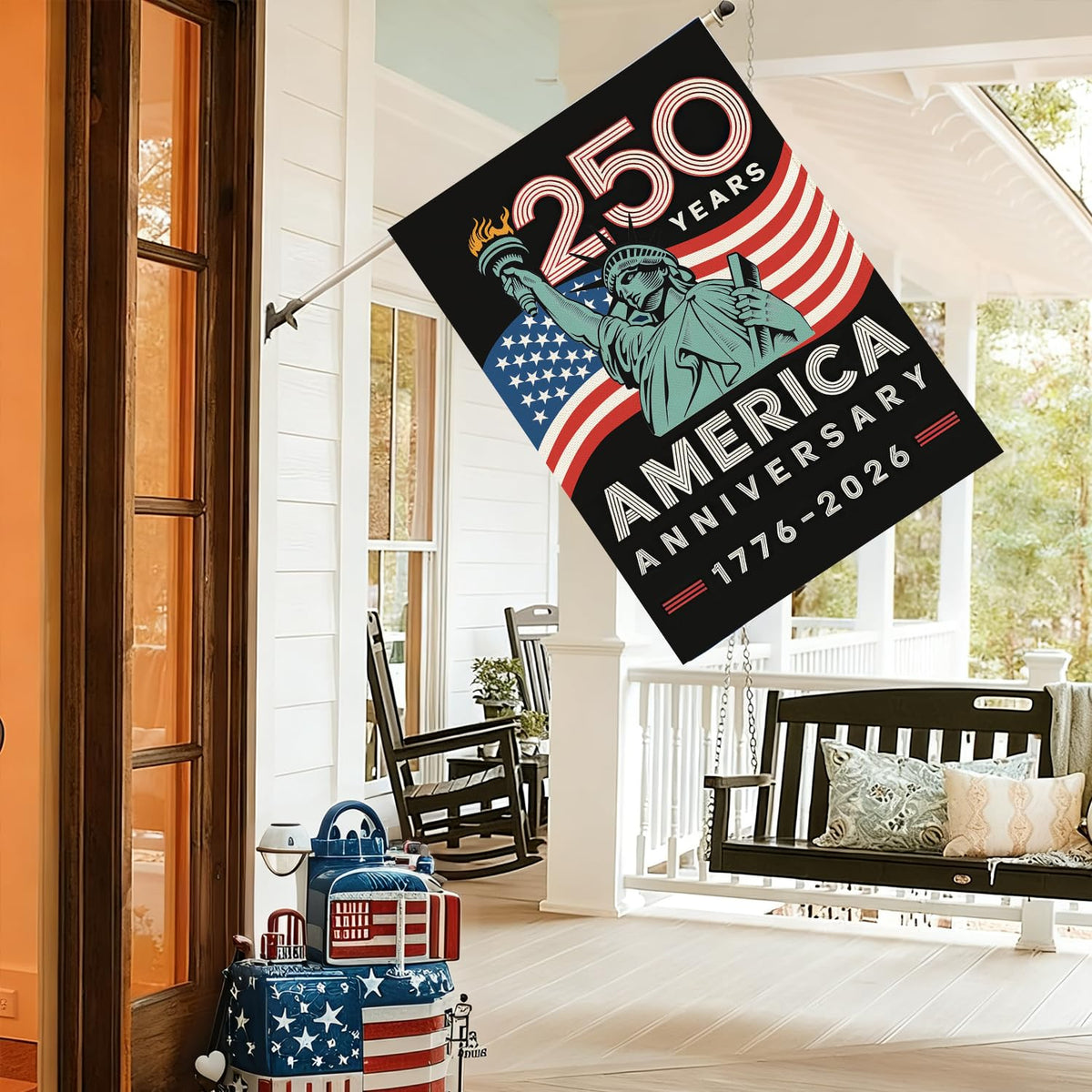 Baccessor 250th Anniversary America Freedom House Flag 28x40 Inch Double Sided 250th Anniversary 1776-2026 Banner USA Patriotic Statue of Liberty Design Commemorative Outdoor Outside Decoration