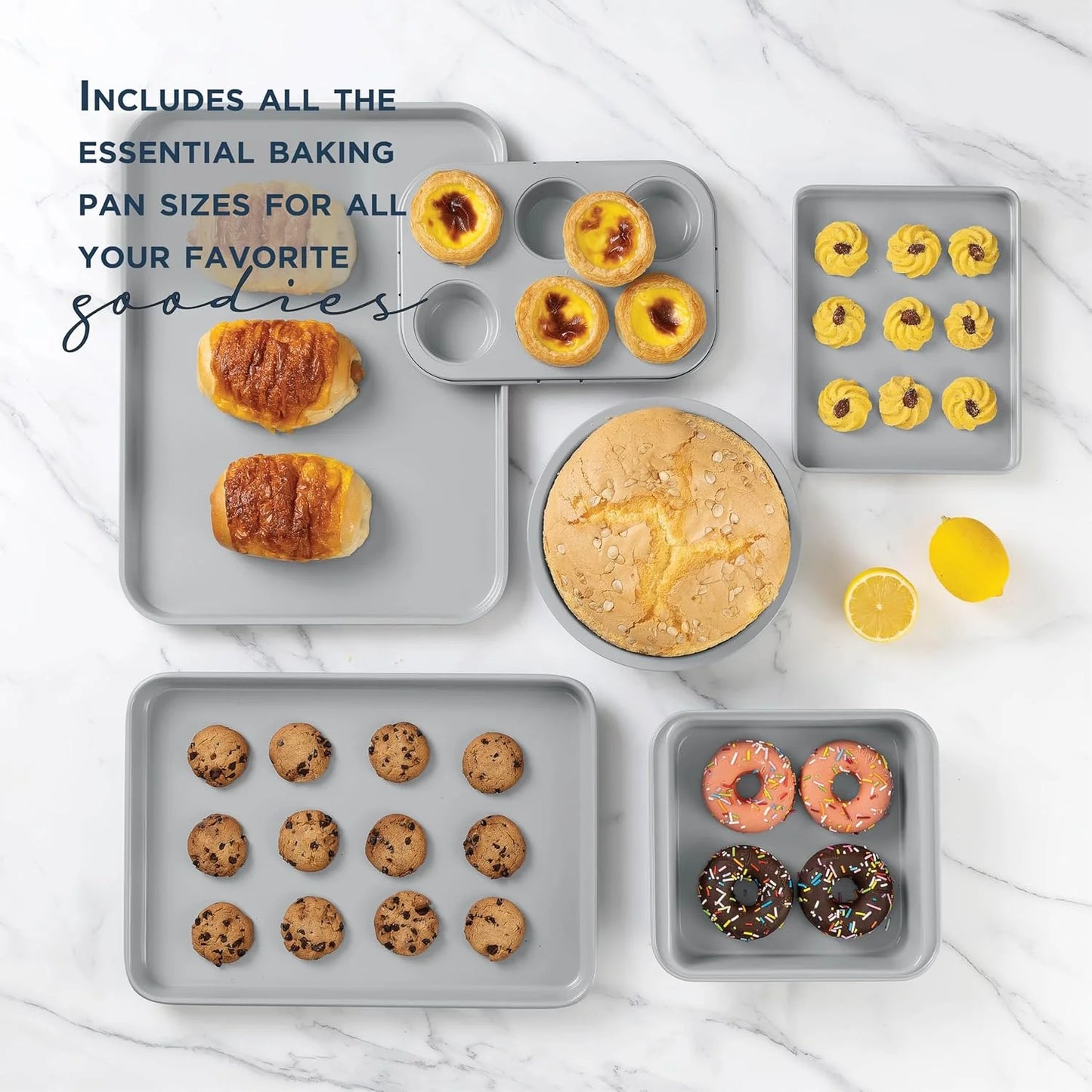 13-Piece Nonstick Cookware and Bakeware Set - Pots and Pans Collection with Stackable Design, Denim