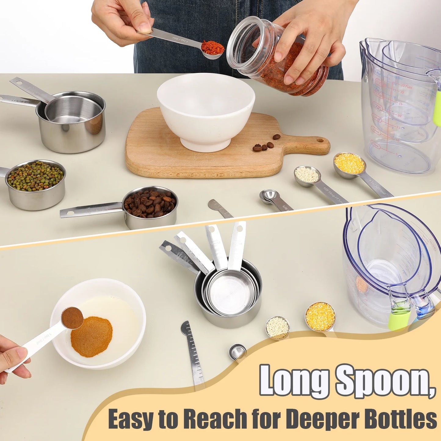 14-Piece Measuring Cups and Spoons Set, Nesting Stainless Steel Measuring Cups Spoons with Plastic Measuring Cup for Dry and Liquid Ingredients, Kitchen Cooking & Baking Gadgets