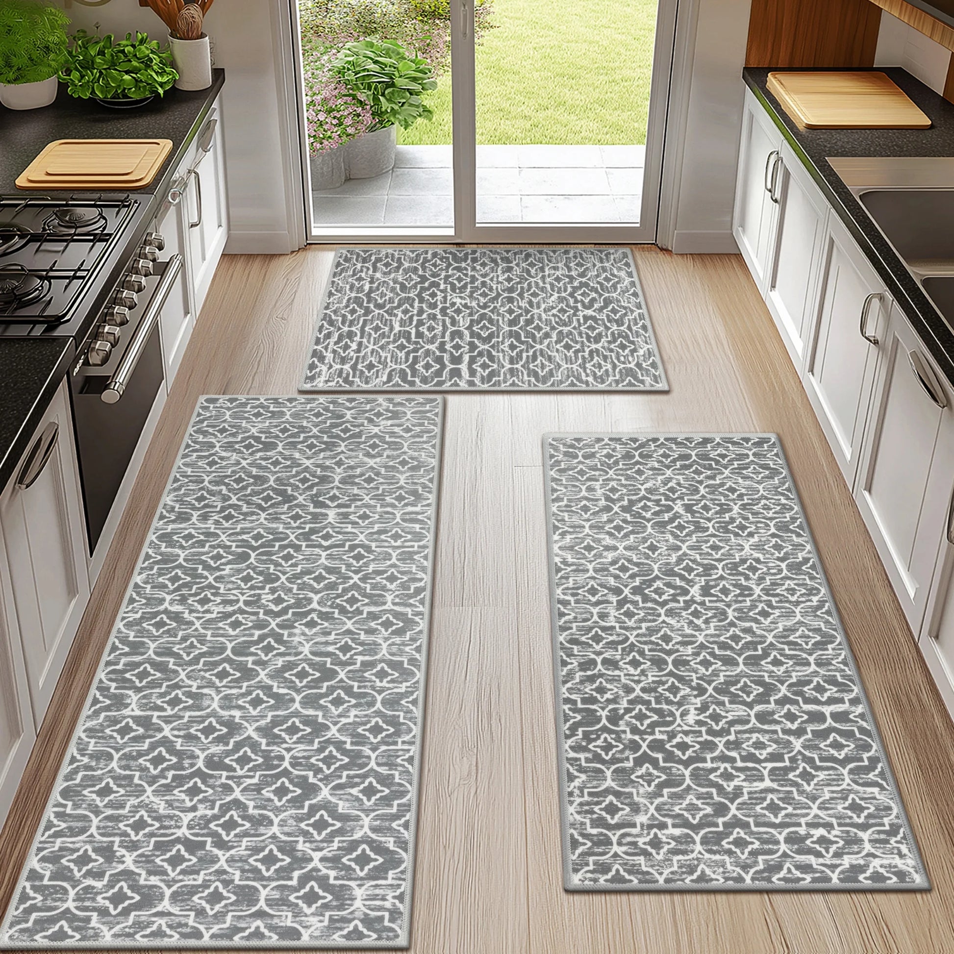 Gray Kitchen Rug Set 3 Piece, Non Slip Machine Washable Mats for Home Floor and Living Room