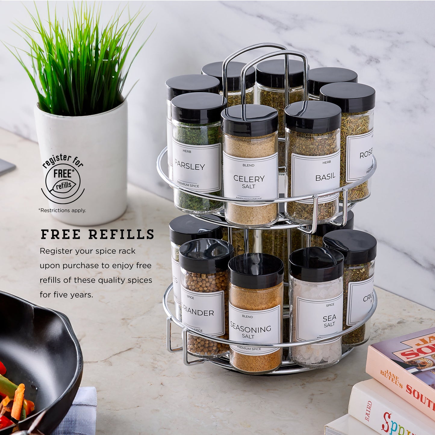 16-Jar Chrome Wire 2-Tier Revolving Filled Countertop Spice Rack & Organizer