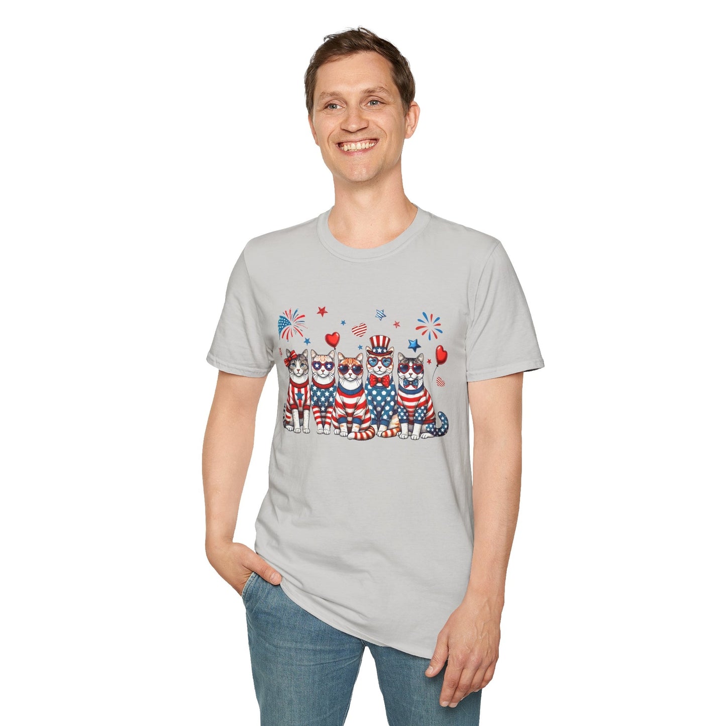 Patriotic Cat Unisex Softstyle T-Shirt for Fourth of July Celebrations