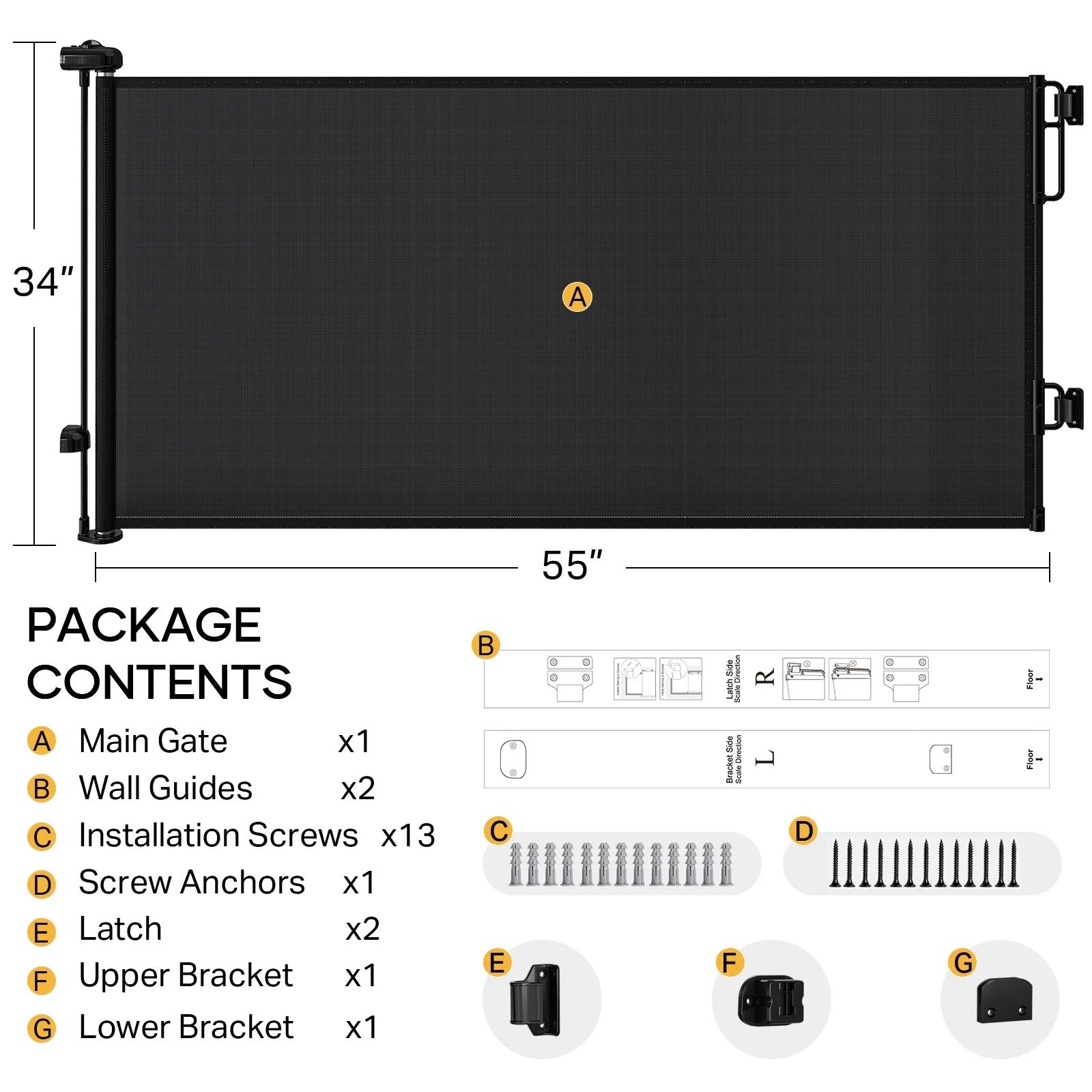 55-Inch Wide Retractable Baby Gate for Doorways, Indoor and Outdoor Mesh Dog Barrier, One-Hand Operable Child Safety Gate for Stairs - Black