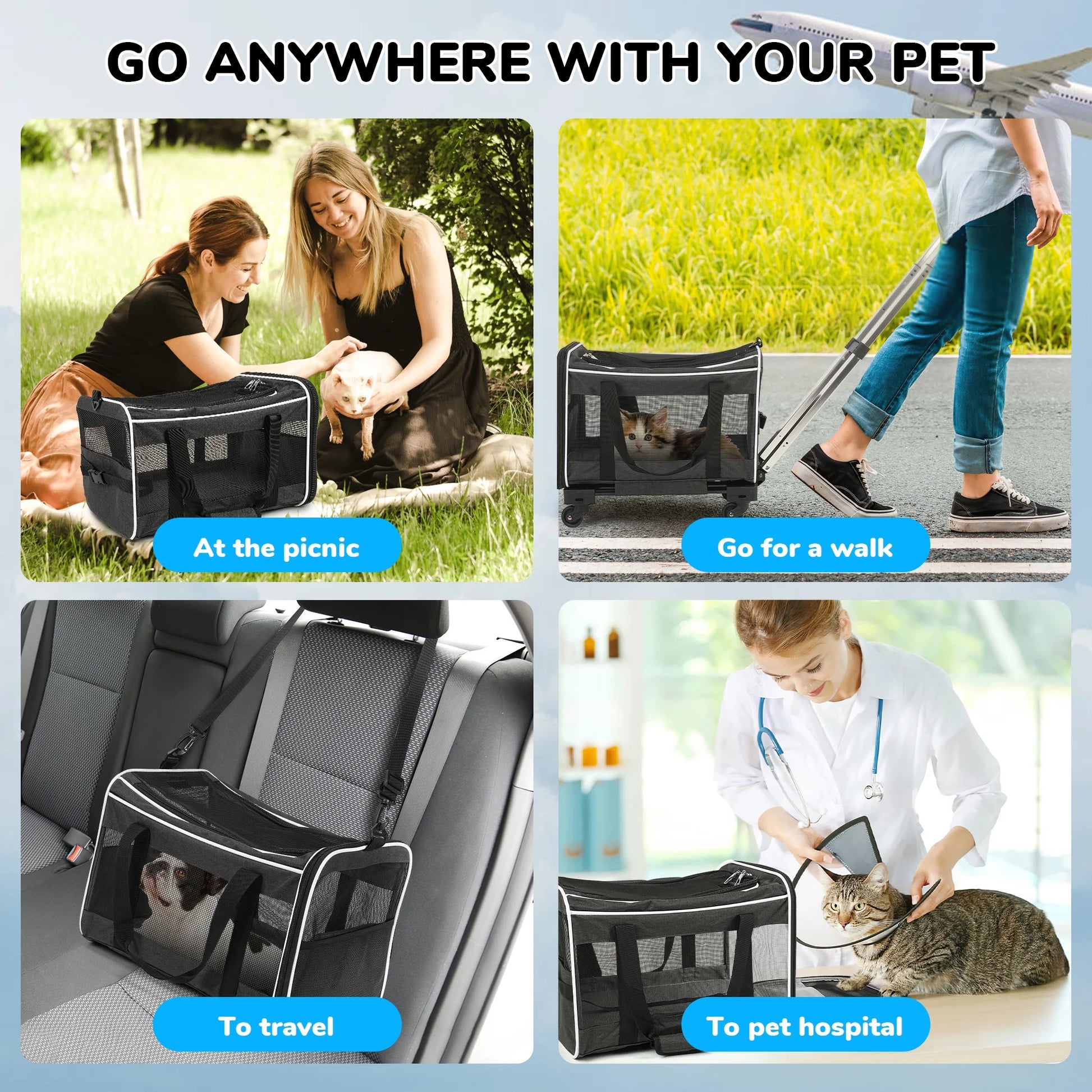 Pet Carrier with Wheels for Small to Medium Dogs and Cats - Ideal for Travel, Flight, Camping, and Outdoor Use