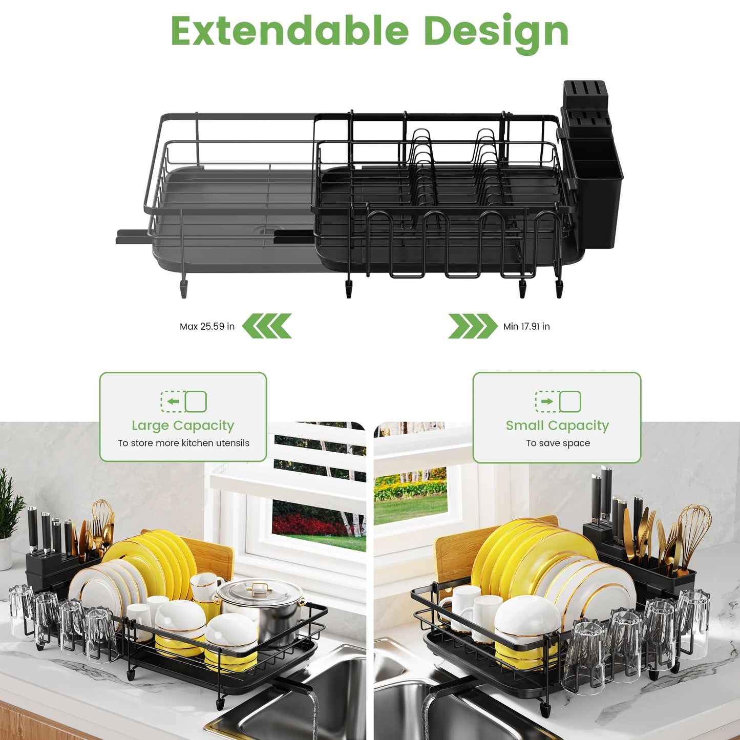 Retractable Dish Drying Rack for Kitchen Countertop, Compact Dish Rack with Drainboard Tray, Cutting Board/Utensil Holder,Black