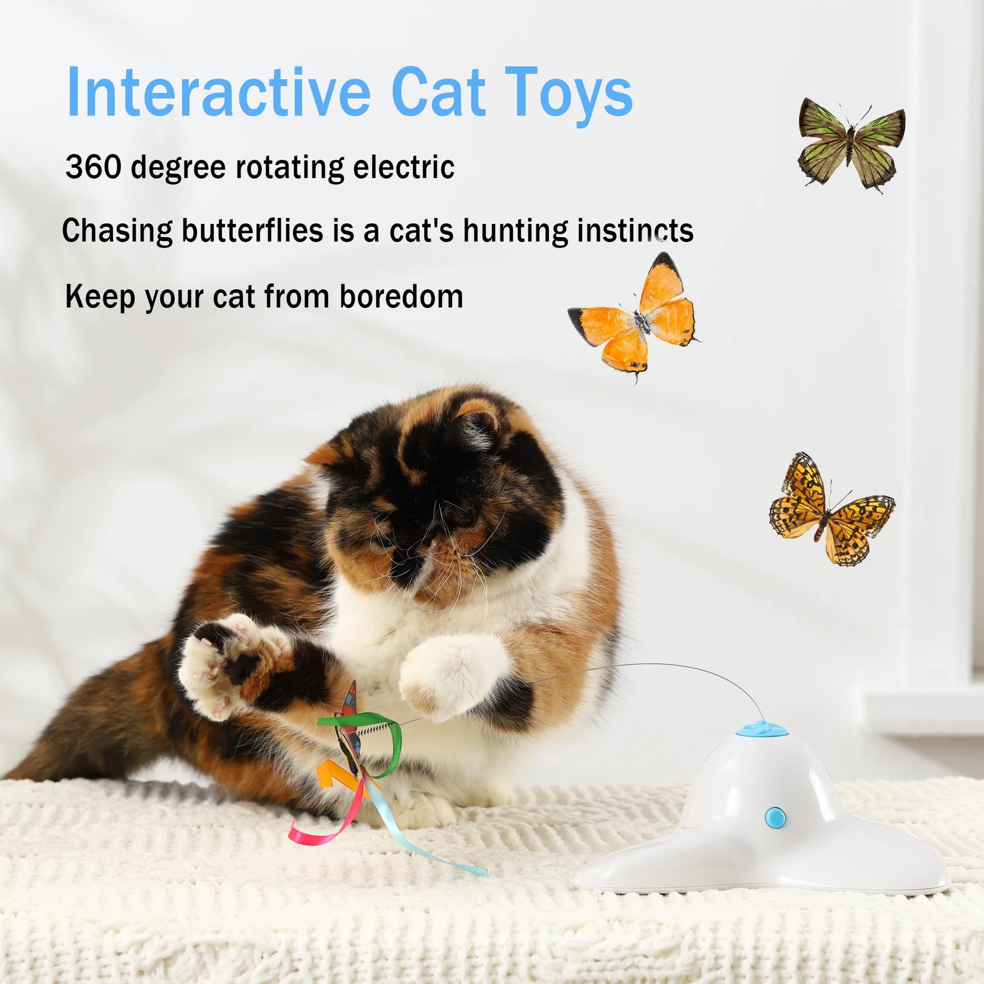 Cat Toys Interactive Butterfly Kitty Toy Automatic Self Playing Kitten Companion Electric Rotating Teaser Butterfly for Indoor Kittens(White)