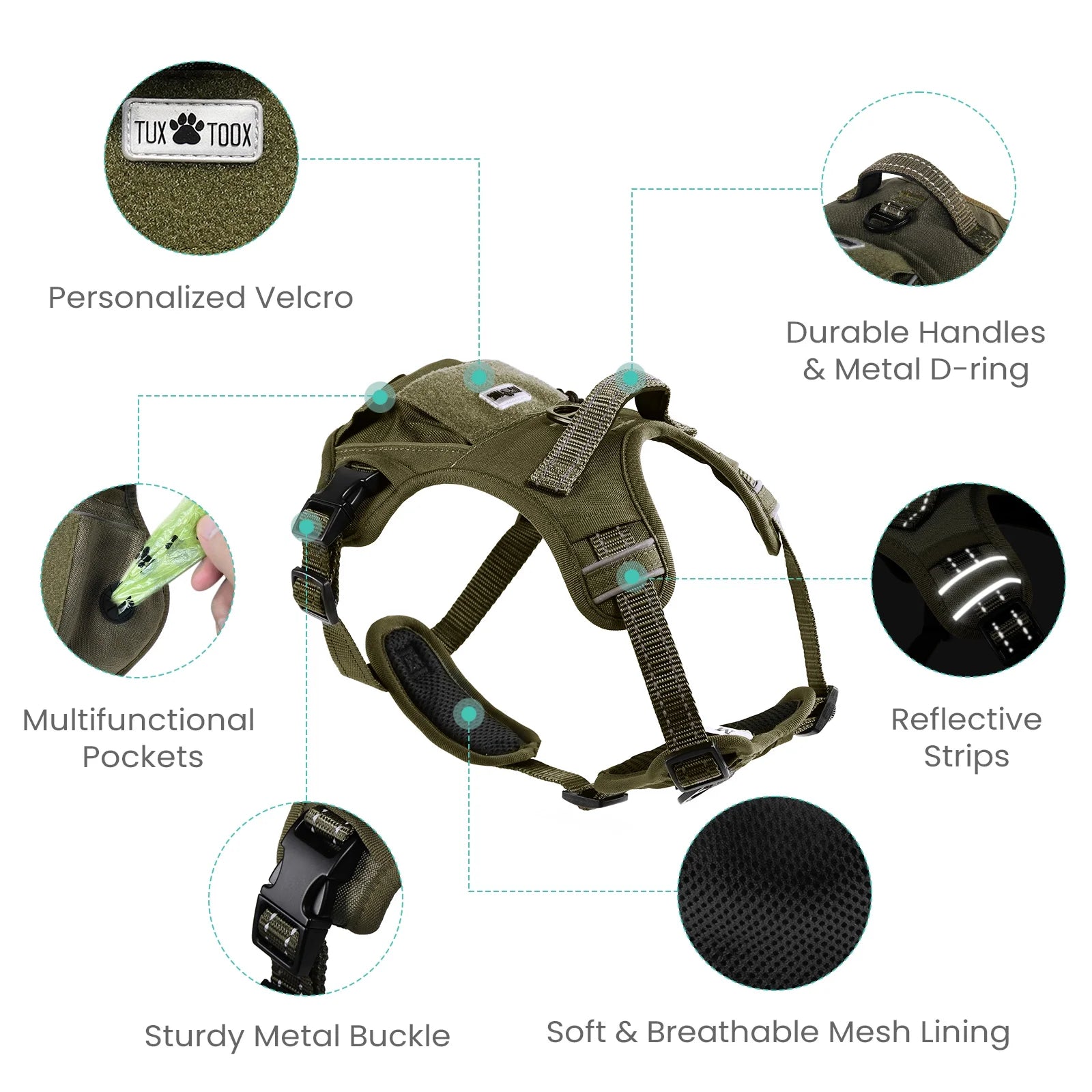 Adjustable No-Pull Dog Harness for Medium Dogs - Reflective Vest with Handle and Metal Buckle for Easy Control (Green, Medium)