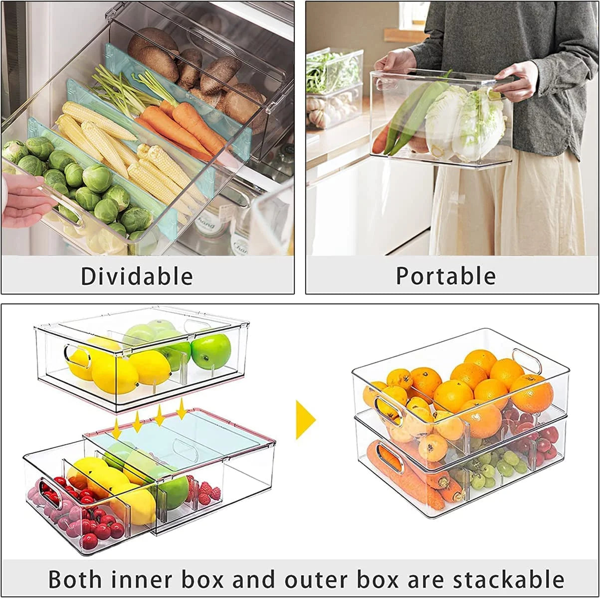 3 Pack Refrigerator Organizers and Storage with Pull-Out Drawer, Stackable Fridge Drawer Organizer Set with Handle, Bpa-Free Clear Storage Cases for Freezer, Cabinet, Kitchen, Pantry Organization