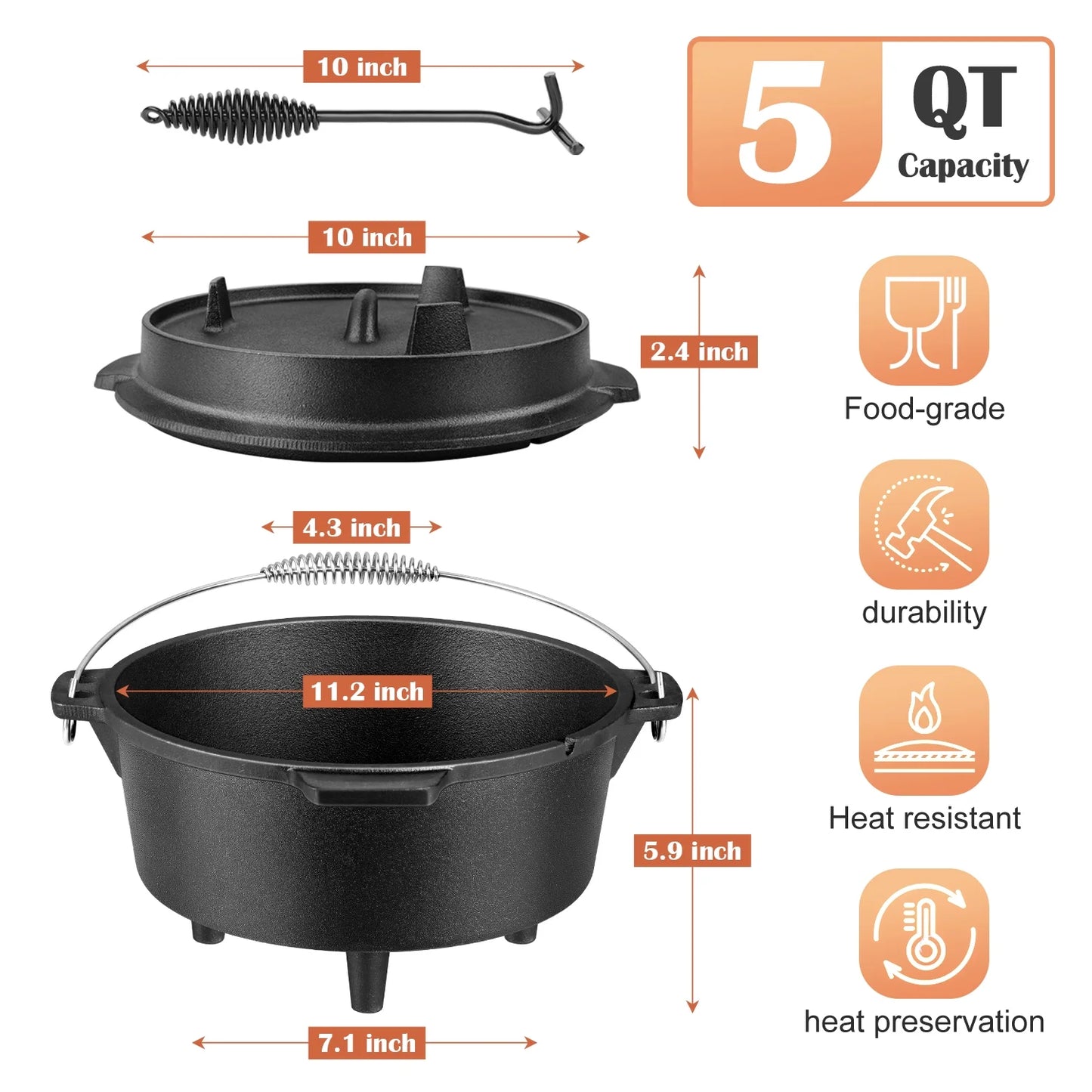 5 QT Cast Iron Dutch Oven, 2 in 1 Pre-Seasoned Camping Pot with Reversible Lid and Lid Lifter Handle, Multifunctional Cookware Pot for Camping Cooking BBQ Baking