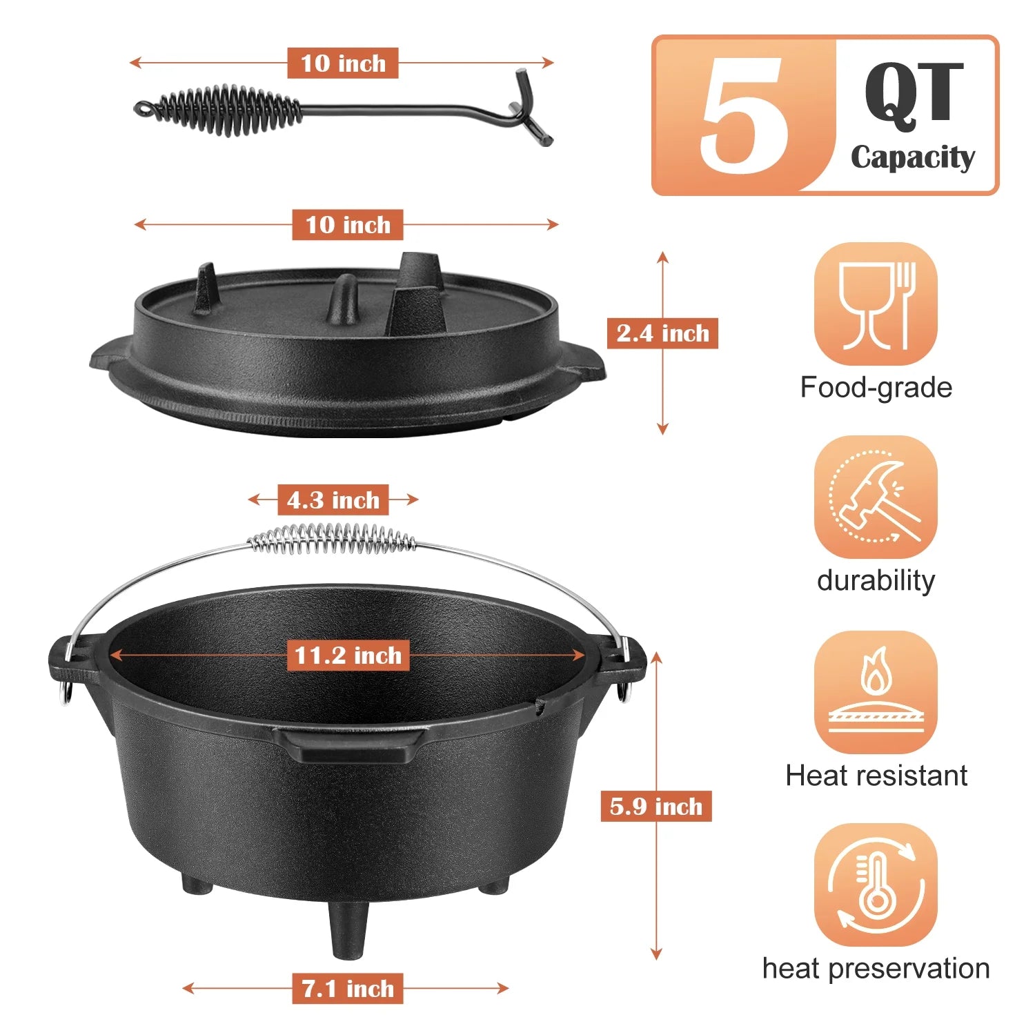 5 QT Cast Iron Dutch Oven, 2 in 1 Pre-Seasoned Camping Pot with Reversible Lid and Lid Lifter Handle, Multifunctional Cookware Pot for Camping Cooking BBQ Baking
