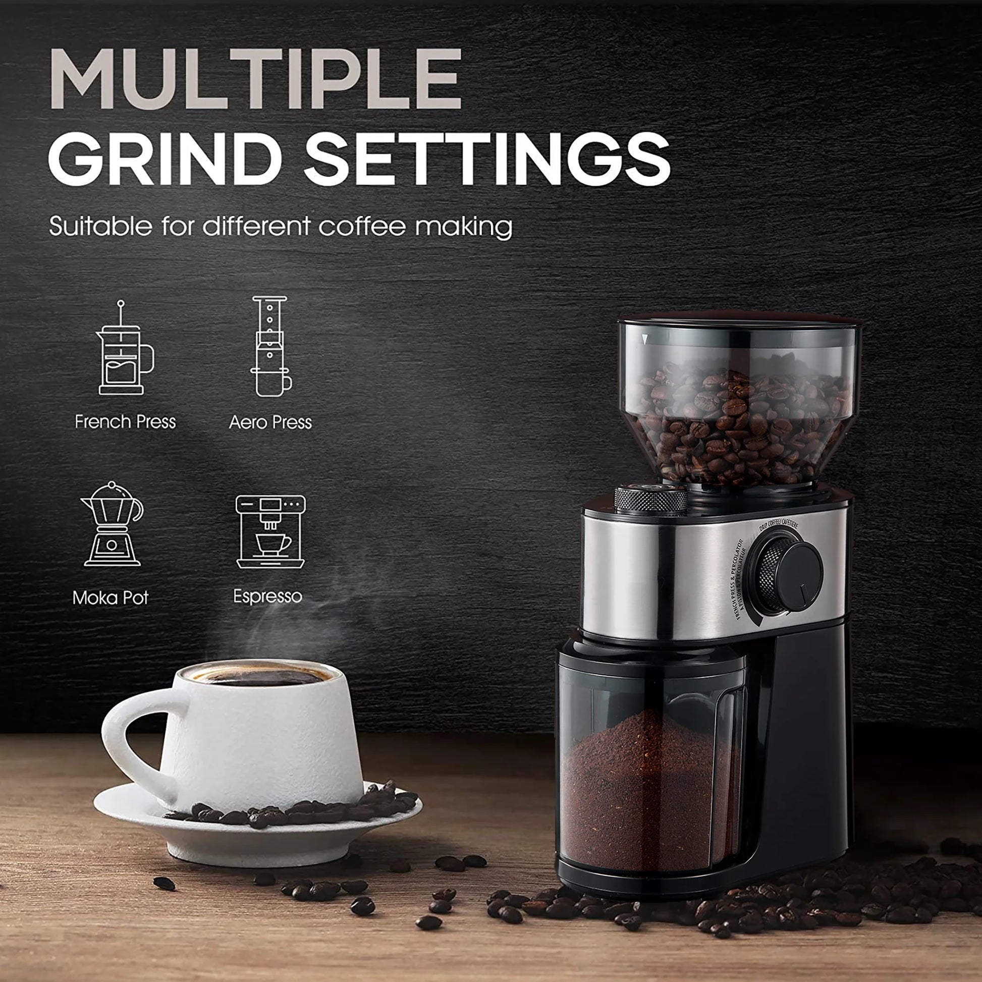 Electric Burr Mill Coffee Grinder with 18 Precise Grind Settings for Espresso, Drip and French Press - Adjustable Burr Grinder in Black