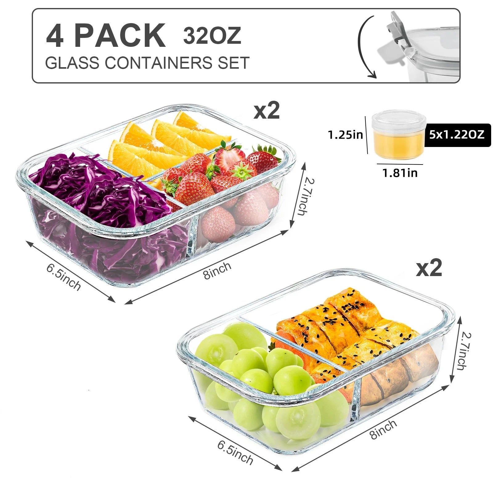 8 Pcs Glass Food Storage Containers with Lids, 2 & 3 Compartment Glass Airtight Meal Prep Containers (4 Containers & 4 Lids), Oven & Freezer Safe, Leak Proof - Grey