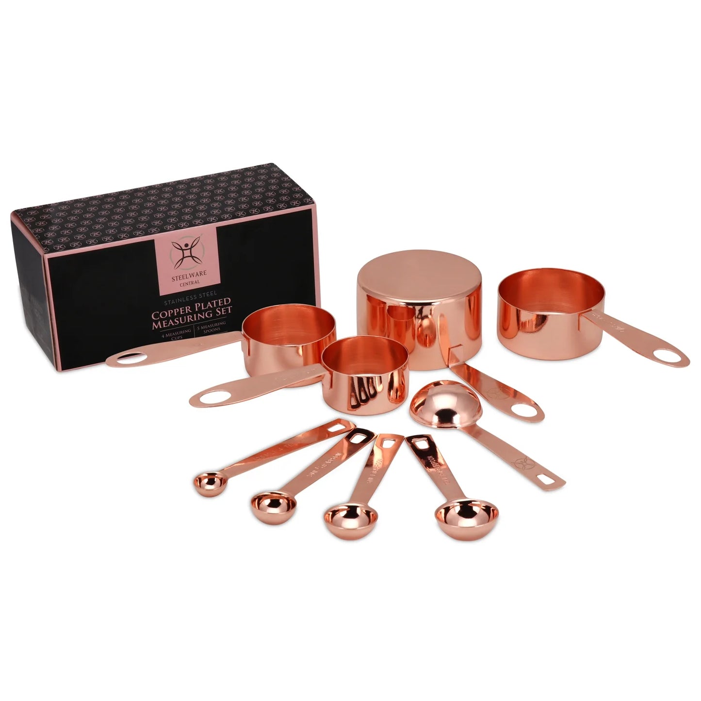 Copper Measuring Cups and Spoons Stainless Steel 9 Pieces with 2 Rings