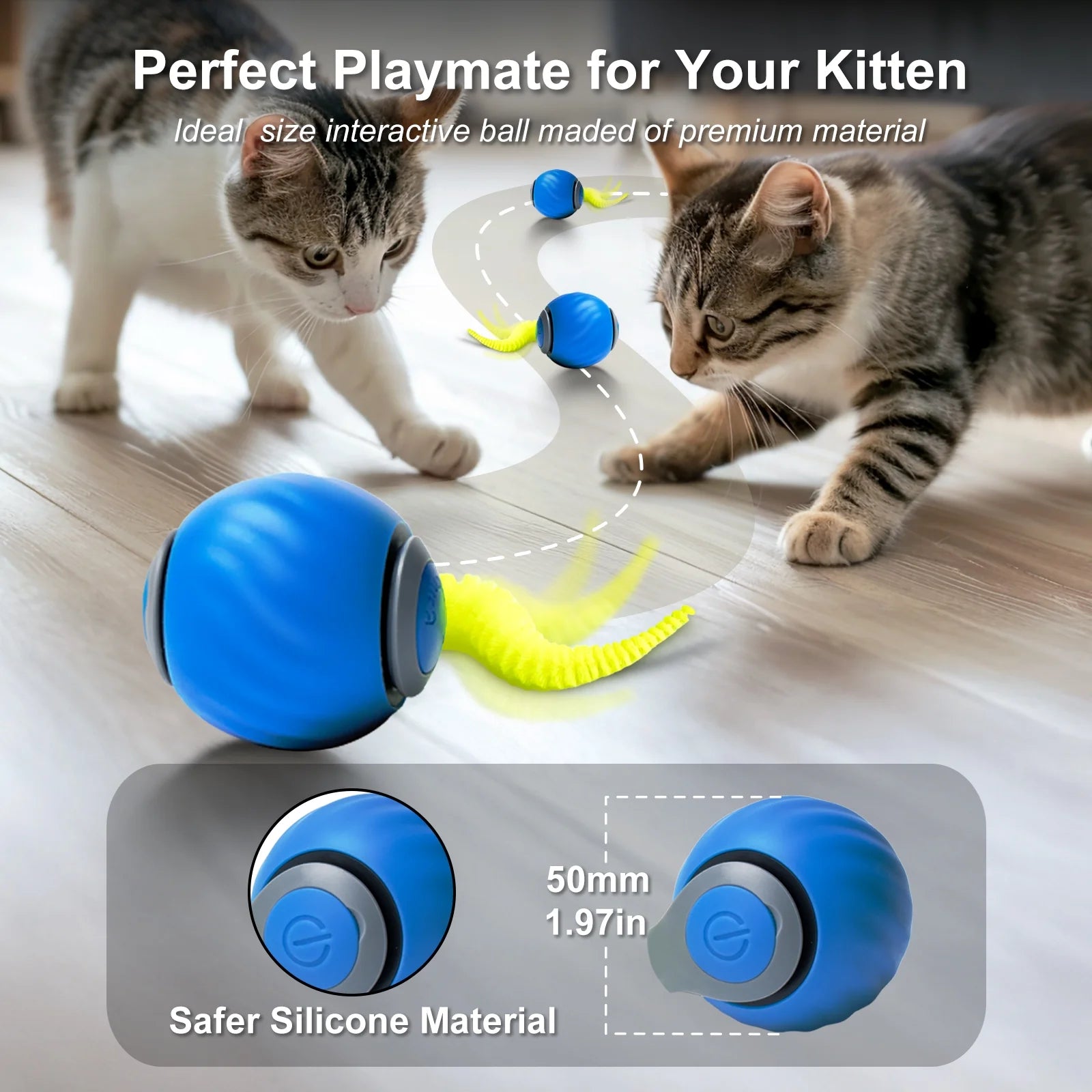 Smart Interactive Cat Toy Balls - Rechargeable with Two Speed Settings for Indoor Cats, 2-Pack (Blue & Orange)