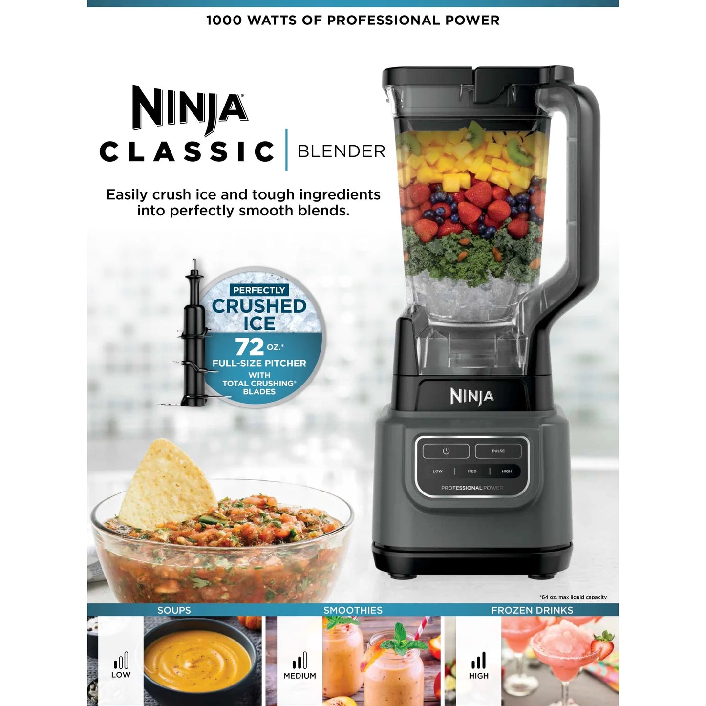 BE200 Classic Blender, 1000 Watts, 3-Speed Settings, 72 Oz. Pitcher with Total Crushing Blades, Dark Gray