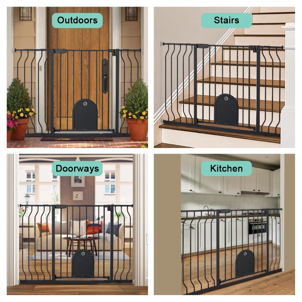 Adjustable Pet Safety Gate with Integrated Cat Door, Pressure-Mounted, Black, 29.5-48.4 Inches Wide