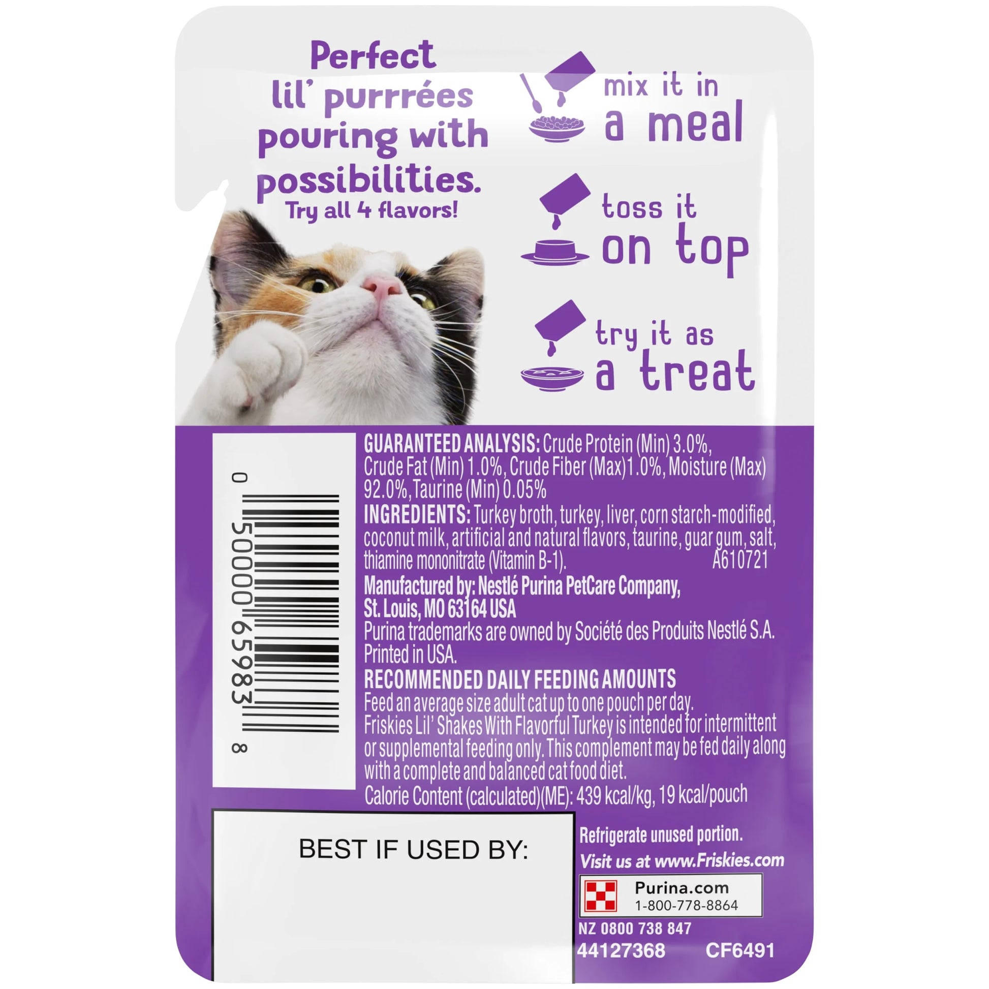Purina  Lil' Shakes Wet Puree Cat Food Topper, Flavorful Turkey, 1.55 Oz Pouch