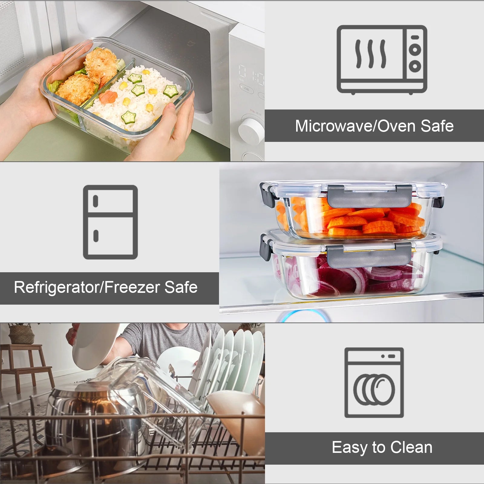 8 Pcs Glass Food Storage Containers with Lids, 2 & 3 Compartment Glass Airtight Meal Prep Containers (4 Containers & 4 Lids), Oven & Freezer Safe, Leak Proof - Grey