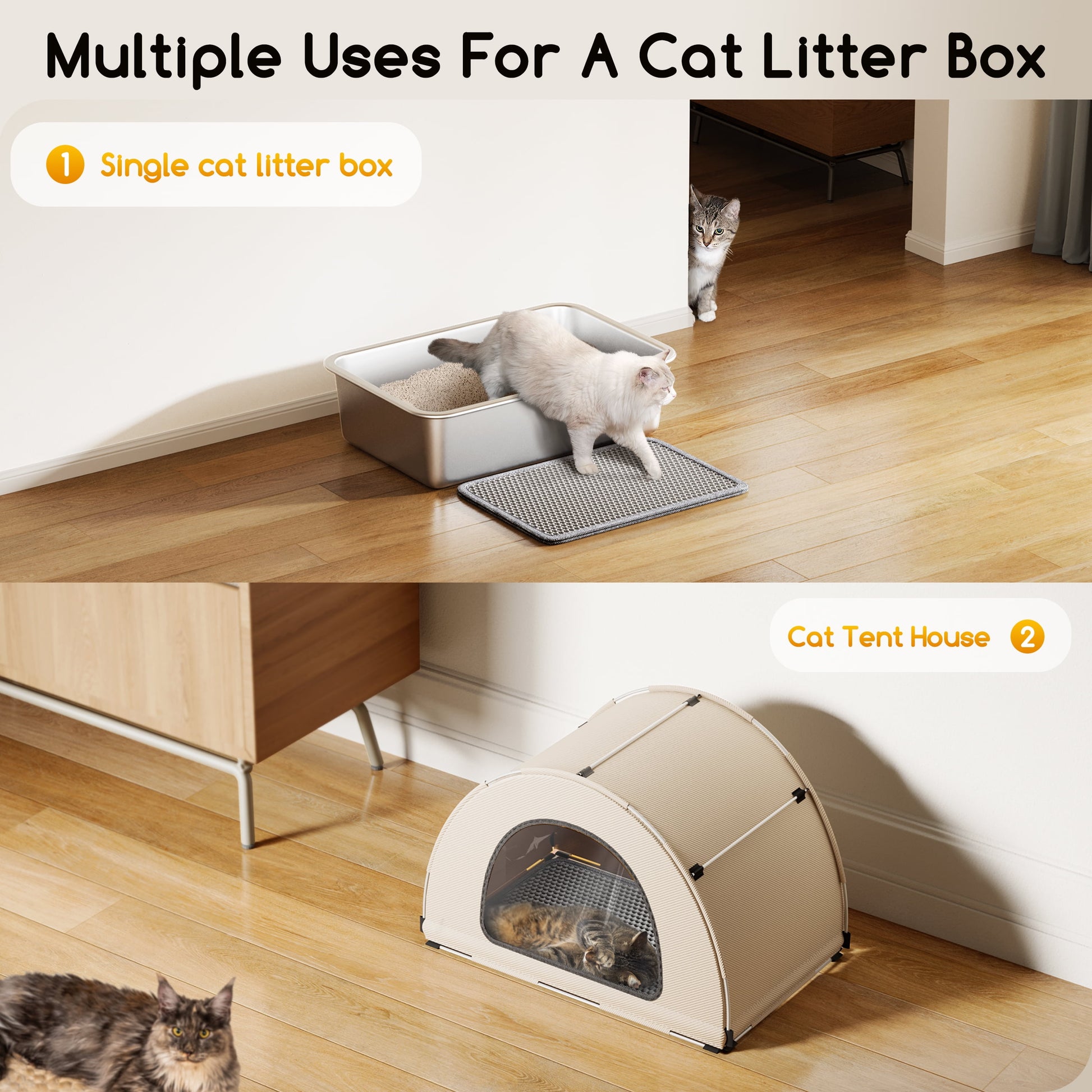 Stainless Steel Cat Litter Box 85L, Tent Cover&Telescopic Shovel,Extra Large Enclosed Cat Litter Box