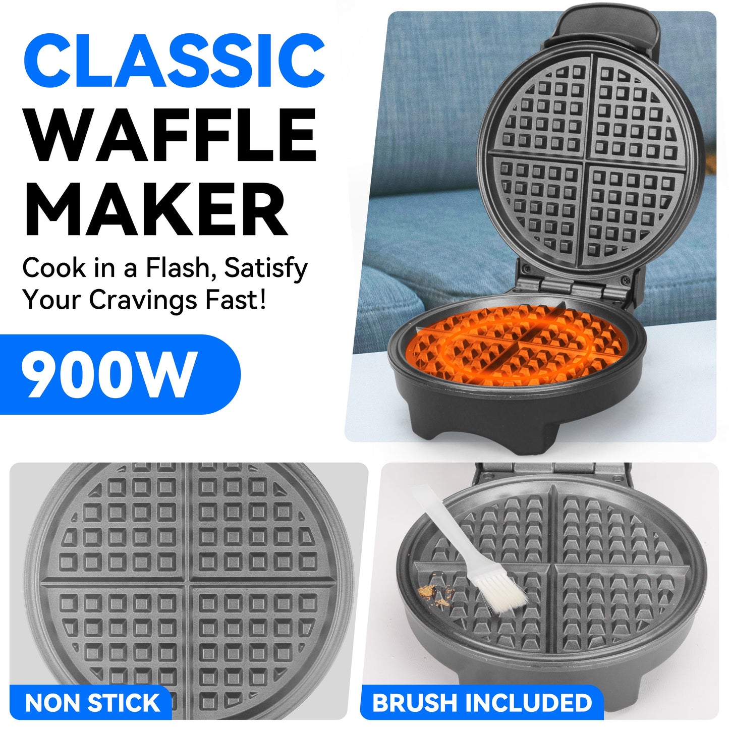 Classic Waffle Maker, 7 Inch round Waffles Iron, 1 Waffle in 4 Quarters, Non-Stick