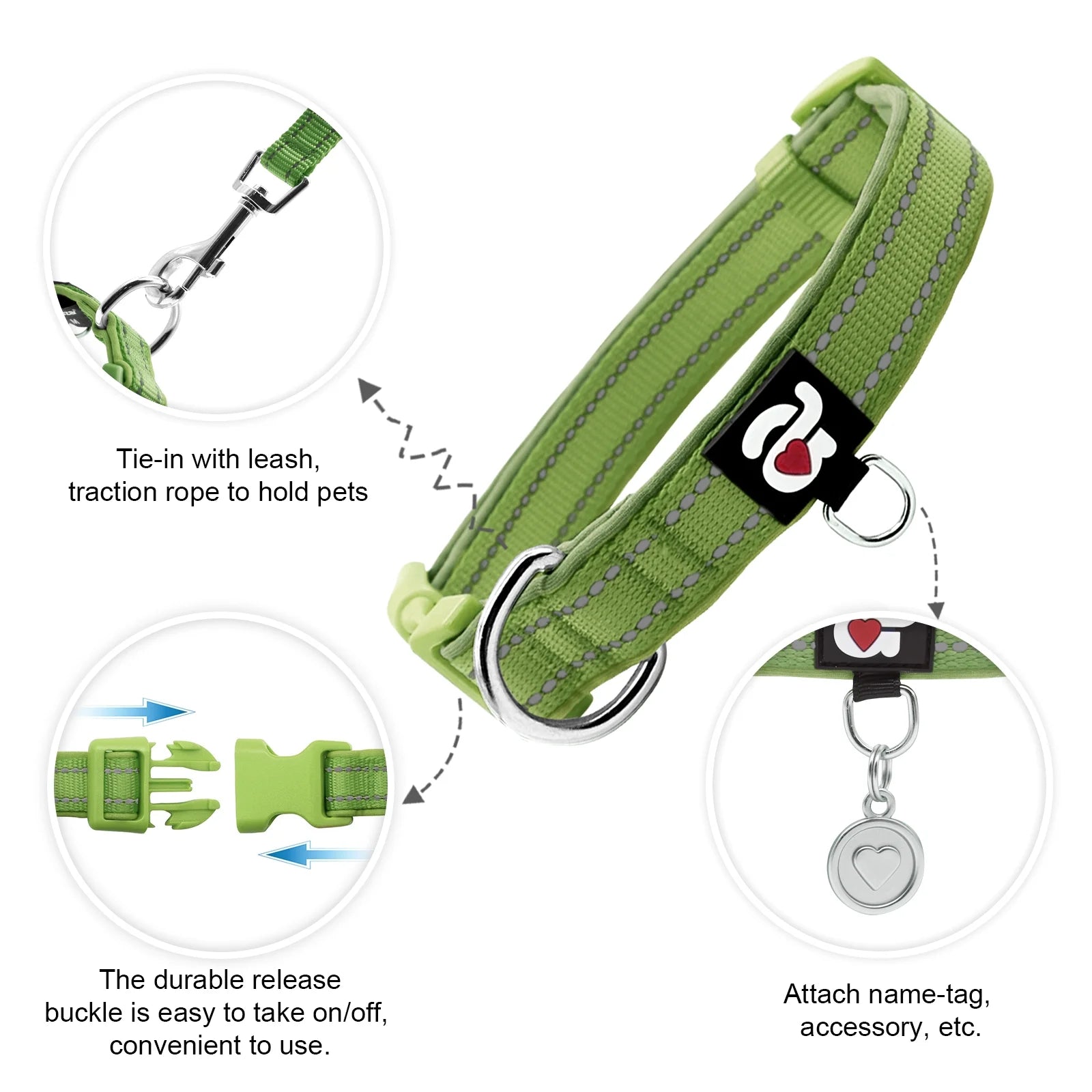 Reflective Dog Collar - Soft Neoprene Padded Adjustable Collar with ID Tag Ring for Puppies and Small Dogs, Army Green, XS