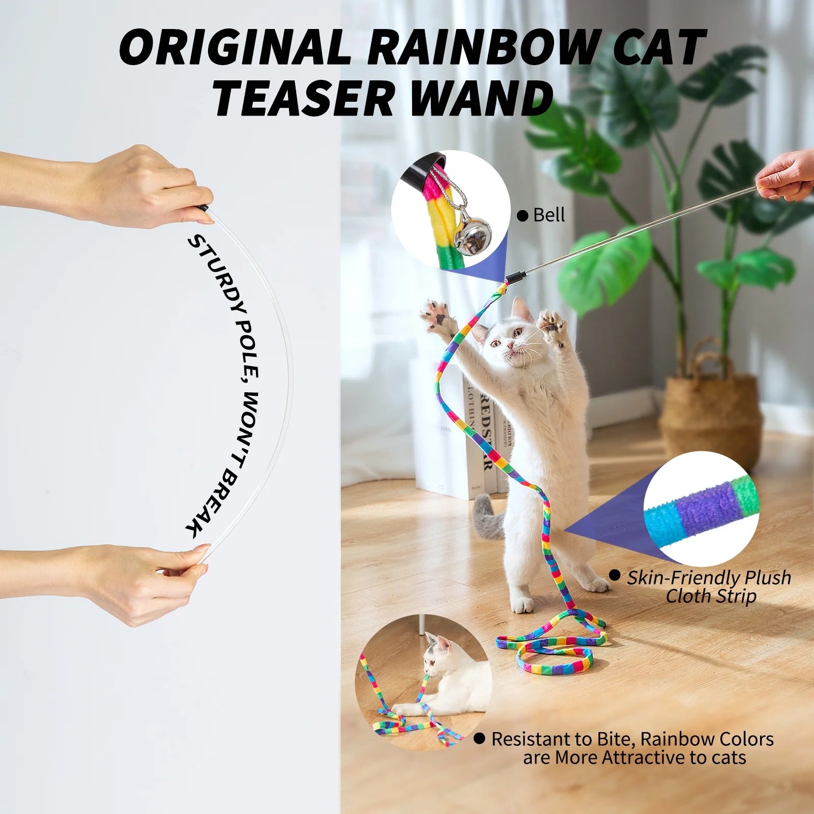 Interactive Cat Feather Toys for Indoor Cats Kittens,2 Retractable Cat Teaser Wand and 1 Rainbow Wand with 9 Refills and 2 Spare Hook(14 Pack)