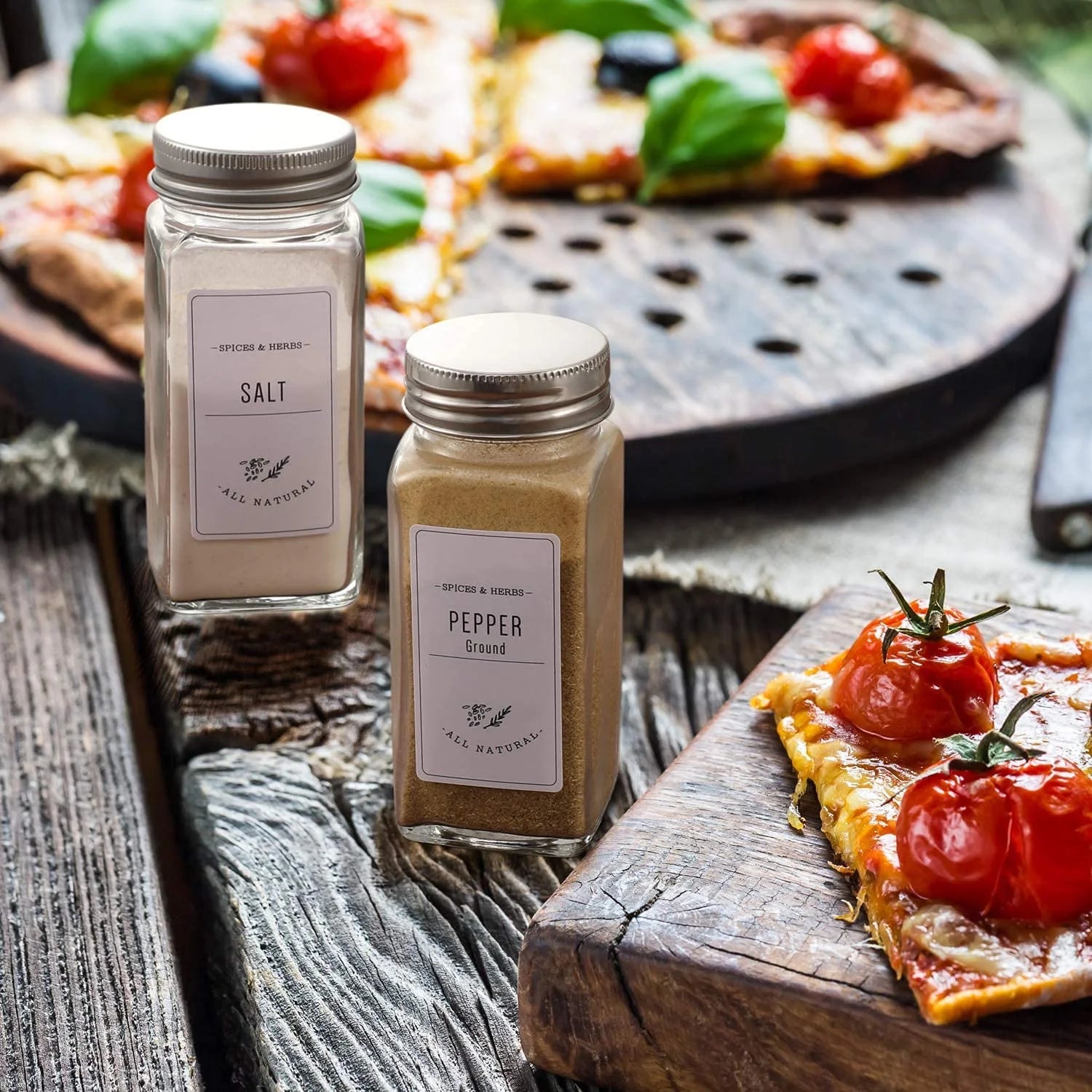 24 Pcs Glass Spice Jars/Bottles - 4Oz Empty Square Spice Containers with 8 Spice Labels - Shaker Lids and Airtight Metal Caps