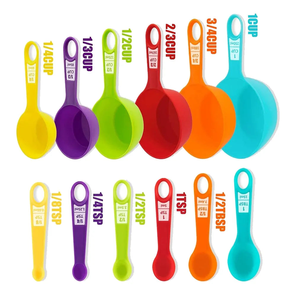 12 Pcs Plastic Measuring Cups and Spoons Set,Colored Kitchen Measure Tools, Great for Baking and Cooking(Random Color)