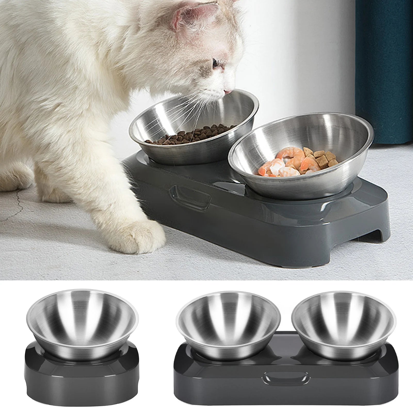 Raised Cat Food Bowls Stainless Steel Cat Bowls Elevated Tilted Adjustable Height Anti-Vomit Cats Dogs Pets Supply