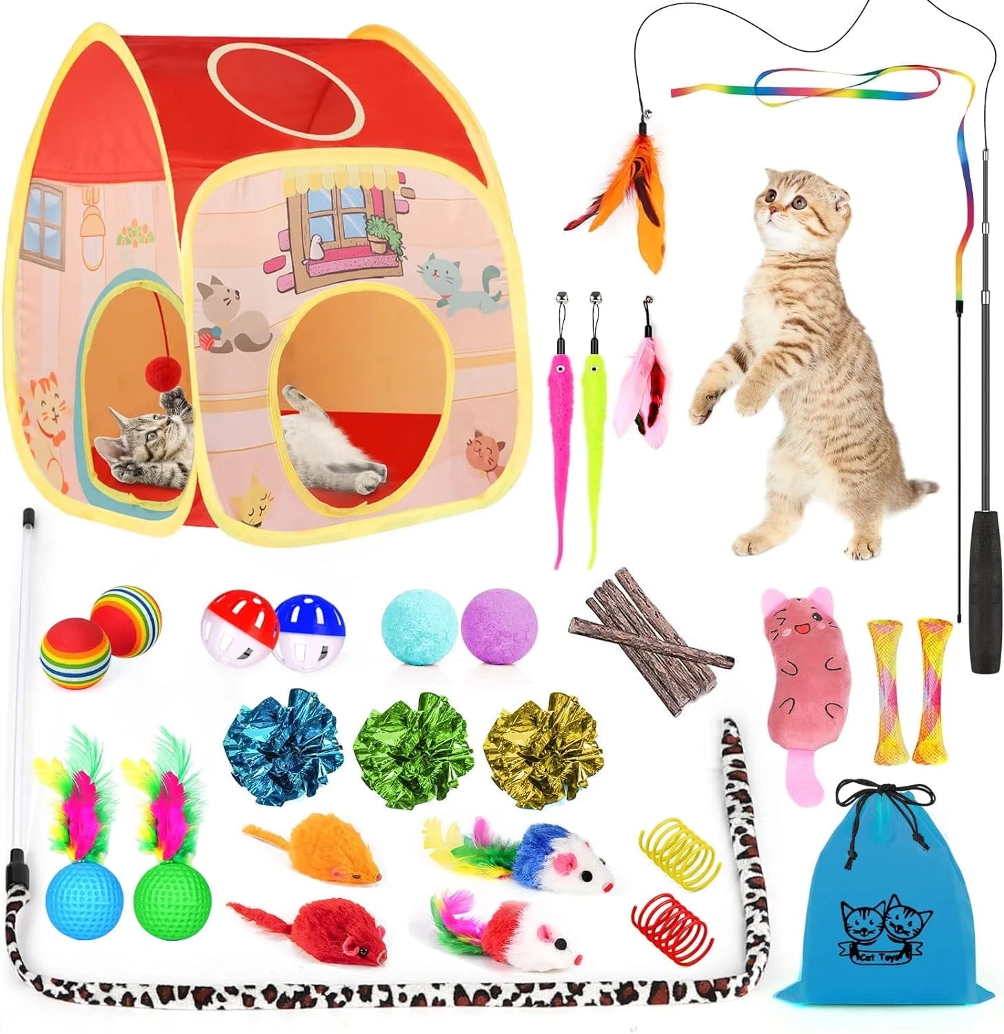 34-Piece Interactive Cat Toy Set with Collapsible Tunnels and Catnip Feather Teaser Wand