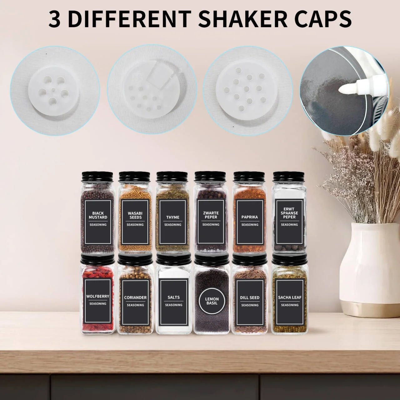 12Pcs 4Oz Glass Spice Jars with Shaker Lids, Labels, a Handy Funnel, Empty Spice Containers and Square Spice Bottles for Kitchen and Seasoning