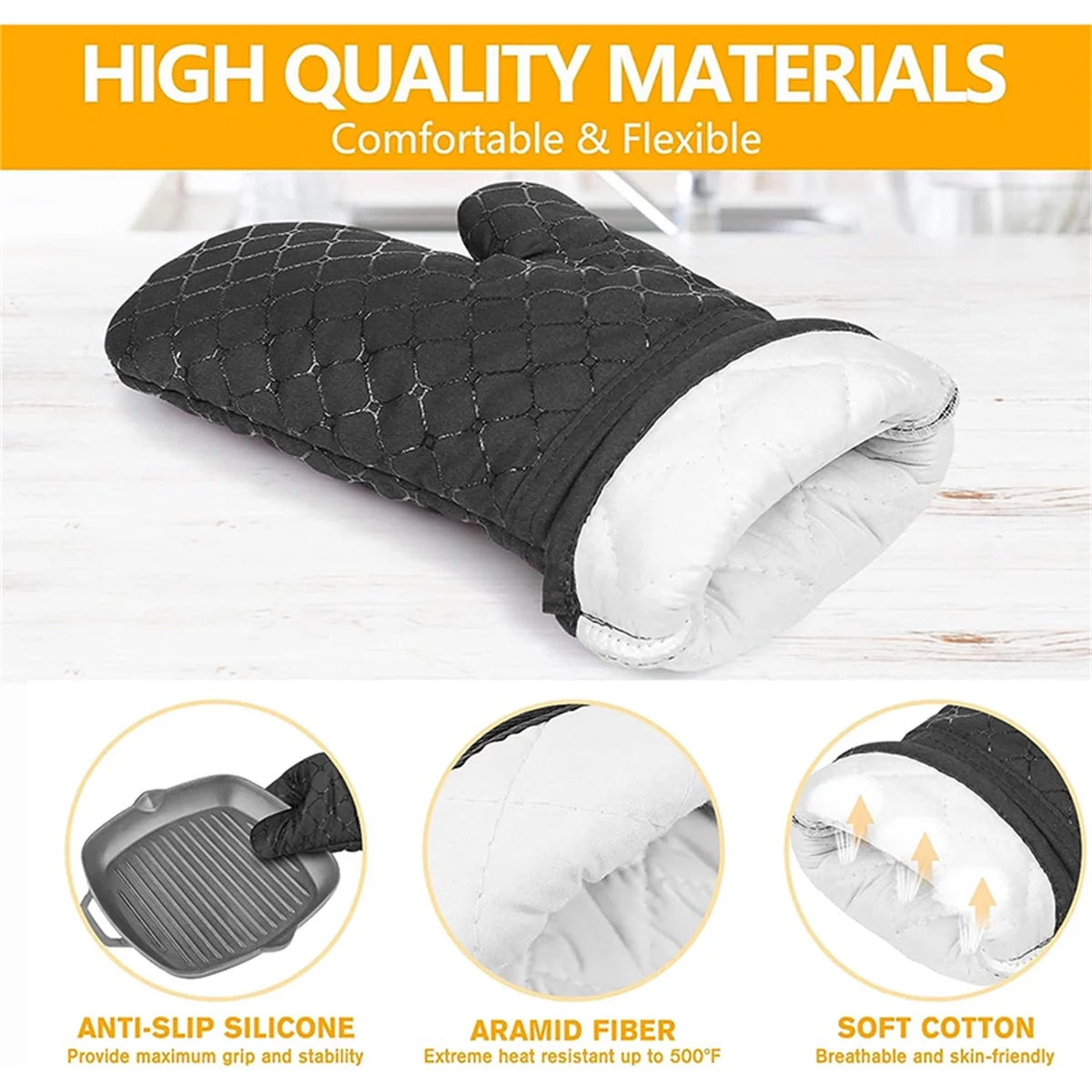 Oven Mitts and Pot Holders Sets, Heat Resistant Kitchen Oven Gloves, Non-Slip Silicone Surface, Extra Long Flexible Thick Mitts for Kitchen , Cooking , Baking , BBQ , Black, 4 Pieces