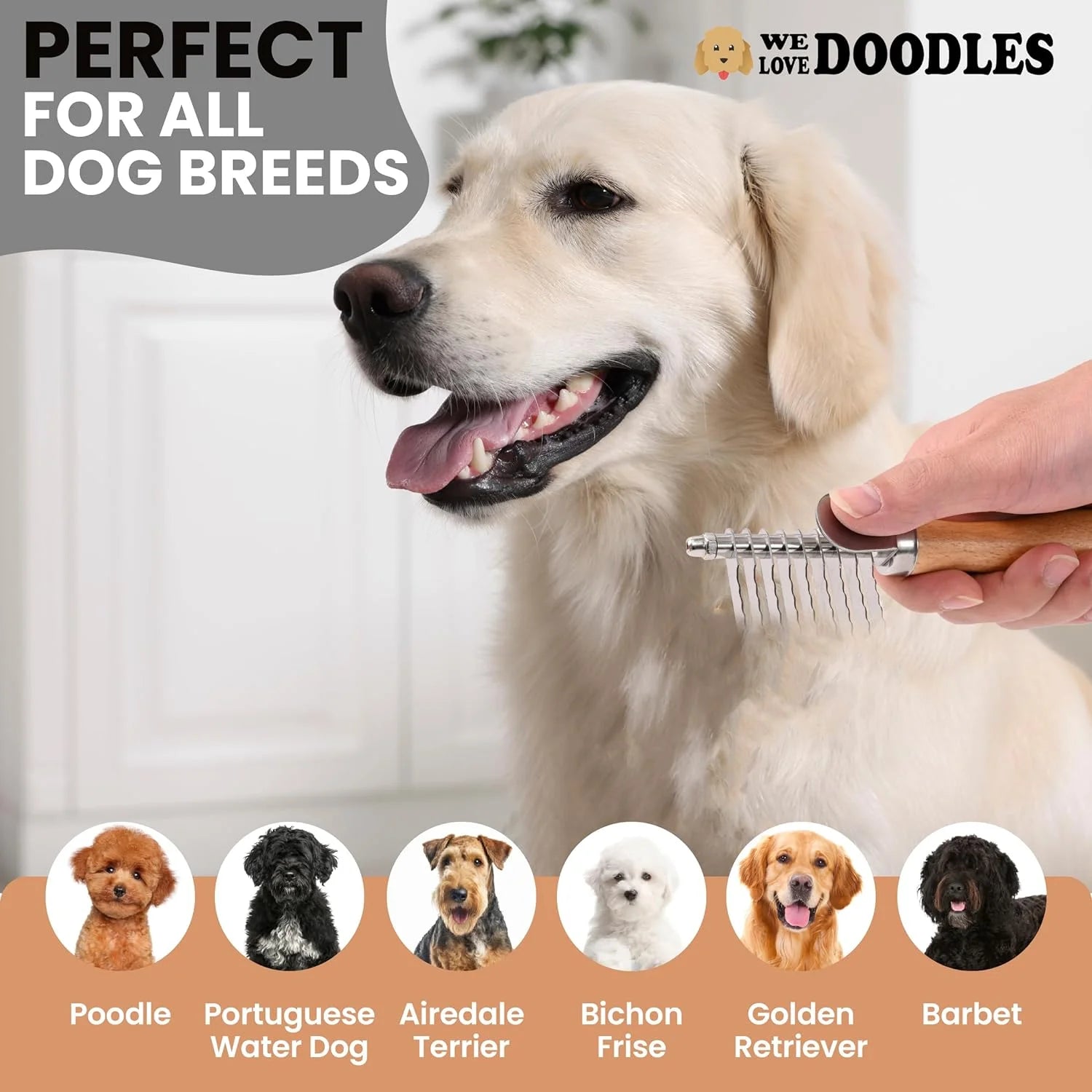 Dog Dematting Brush & Rake, Detangler Brush for Dogs, Comb Tool for Grooming, Best for Doodles, Poodles, Goldendoodles, Cats & Other Pets, Matted Fur Removal on Undercoat