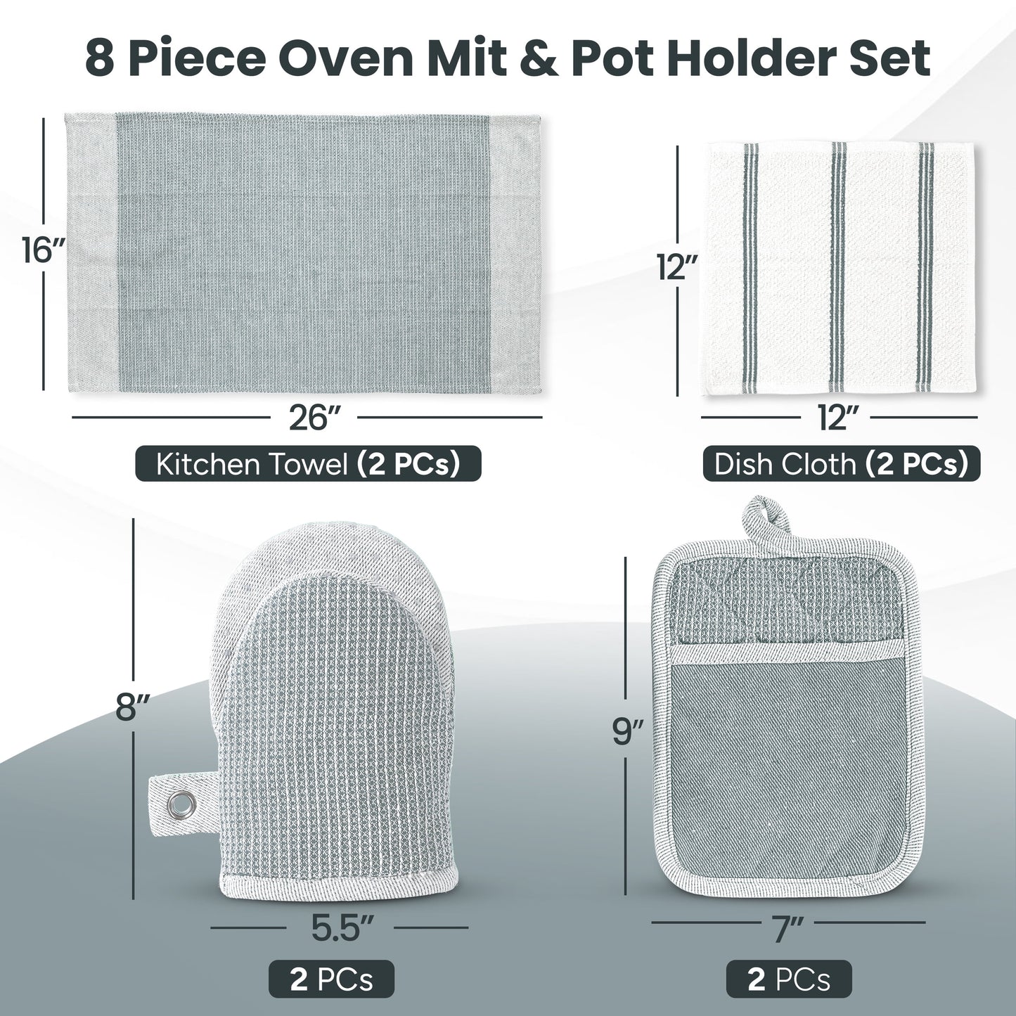 Kitchen Set Pack of 8, Oven Mitts Pot Holders Pad and Towel Set, Cute Kitchen Starter Set, Short Oven Mitts and Kitchen Hand Towels and Dish Cloths Sets - Grey