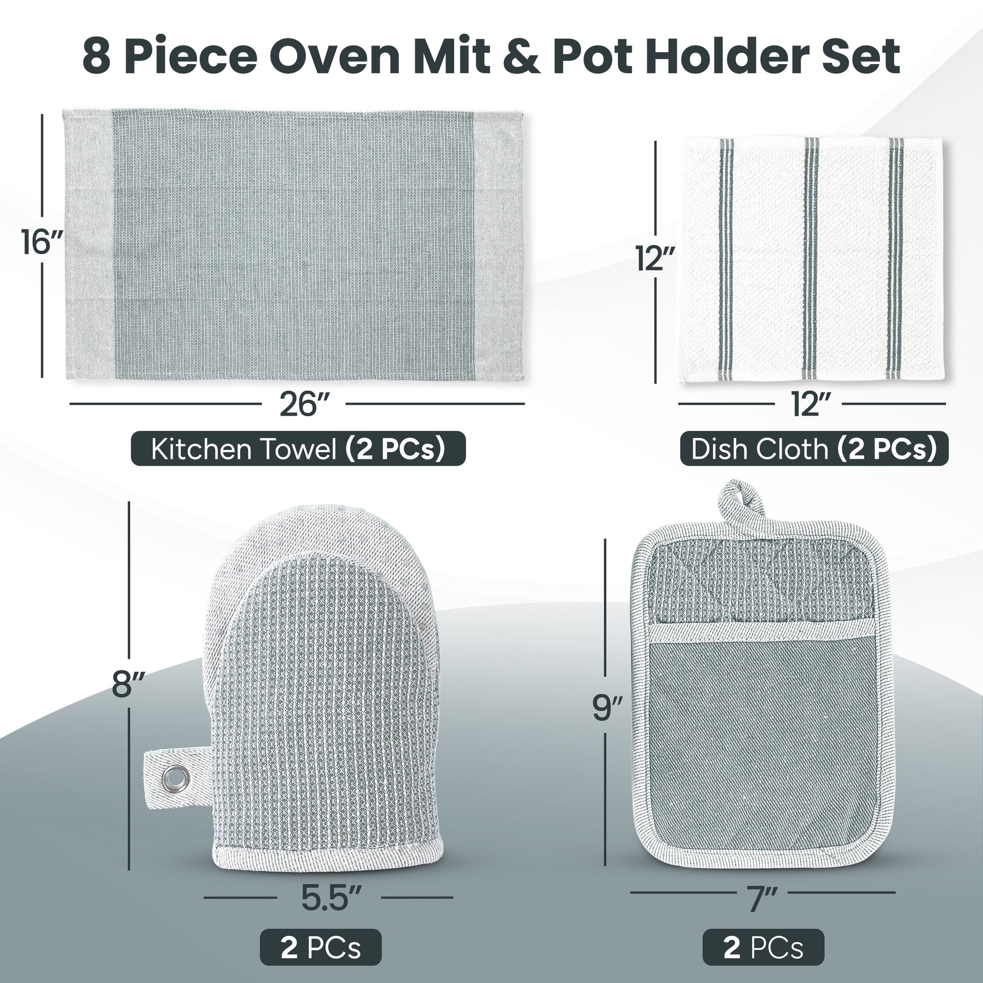 Kitchen Set Pack of 8, Oven Mitts Pot Holders Pad and Towel Set, Cute Kitchen Starter Set, Short Oven Mitts and Kitchen Hand Towels and Dish Cloths Sets - Grey