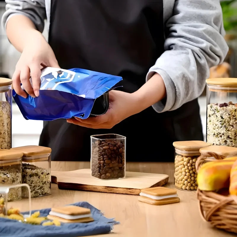 12 Square Glass Spice Jars with Natural Bamboo Lids - Sealed Herb Containers with Pre-Printed Waterproof Minimalist Spice Labels - Suitable for Empty Small Seasoning Jars in Kitchen Food Pantries.